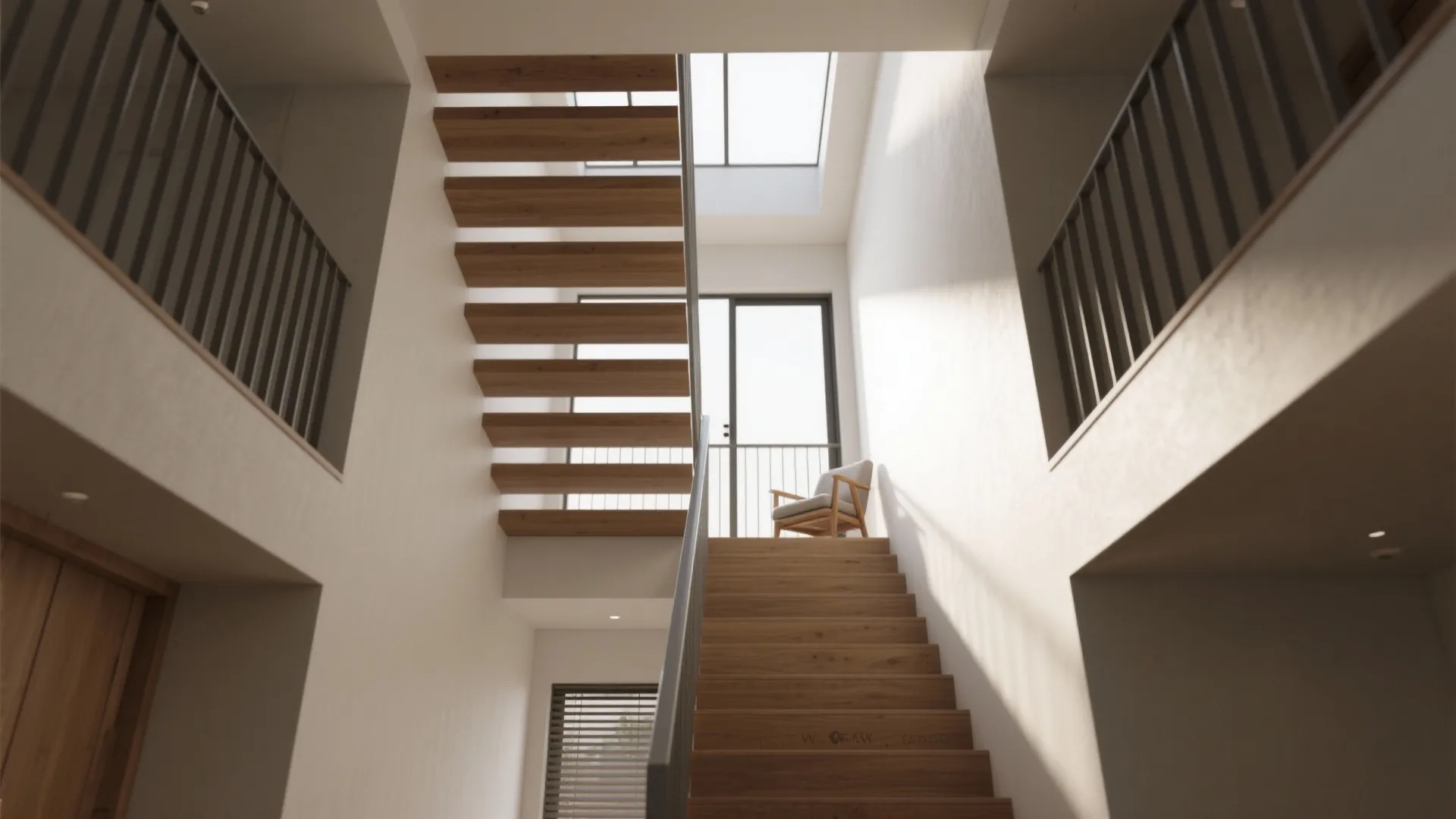 Central stair lightwell with skylight and half-landing facing a balcony, timber treads and slatted privacy screen.