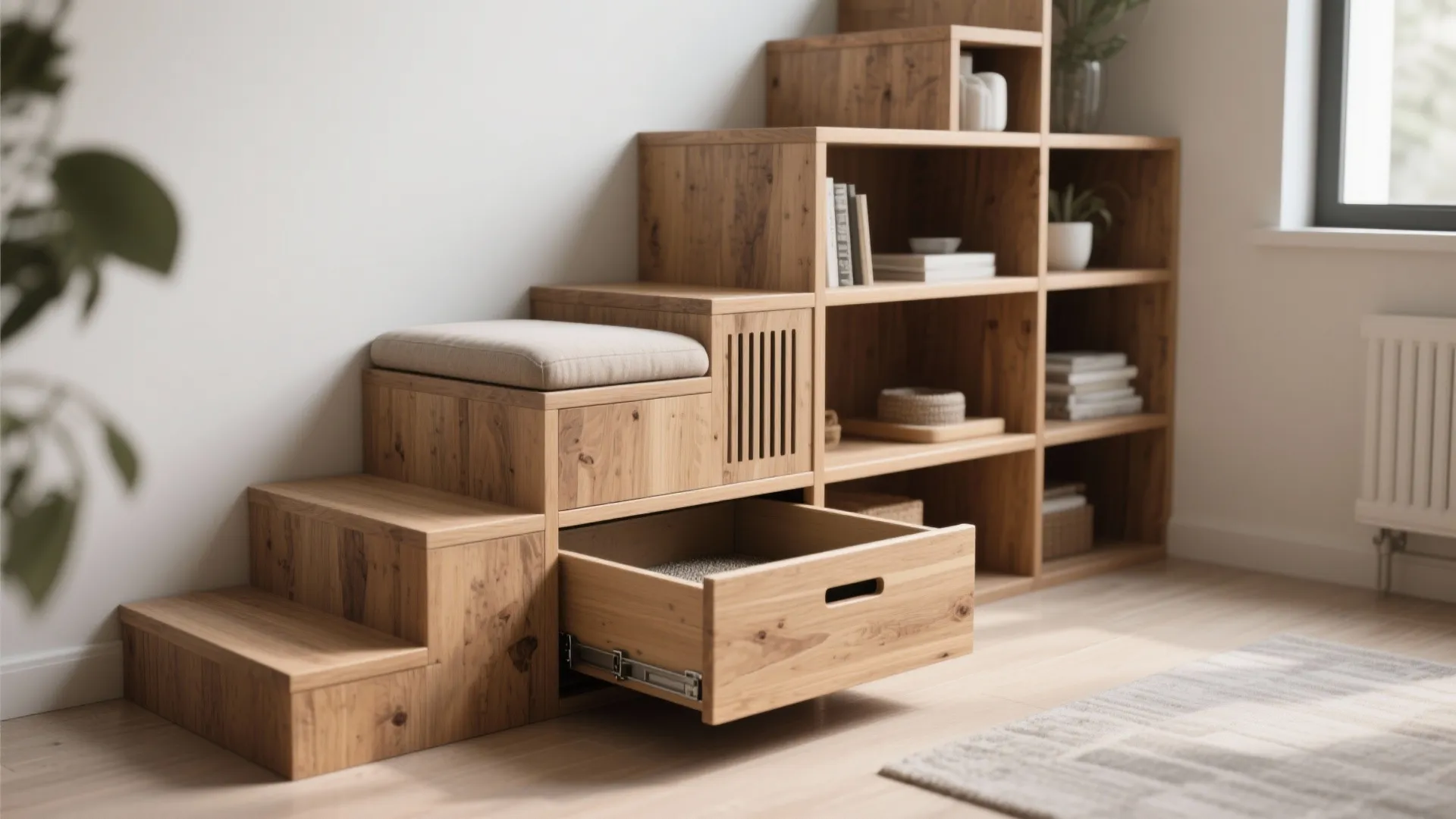 2. Stair-step shelf that hides the litter drawer