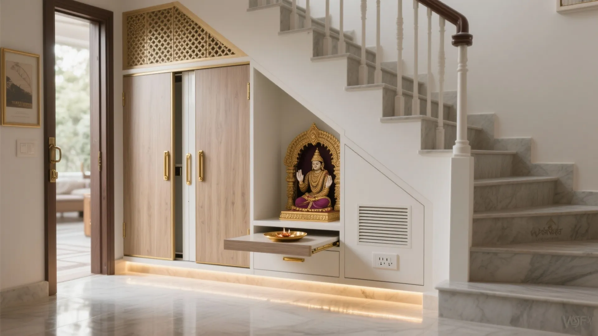 Under-Stair or Entry Console Mandir with Pocket Doors
