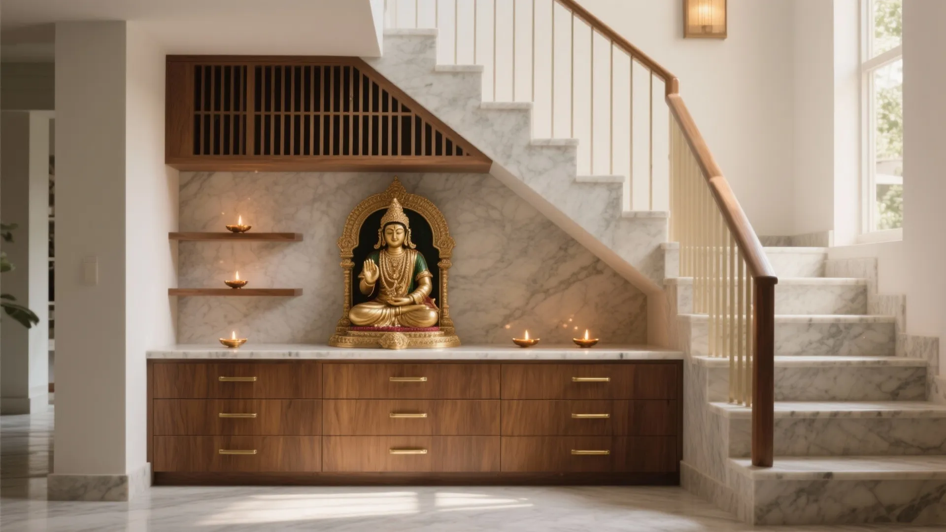 Small prayer room built under a marble staircase with wooden cabinet and a gold statue