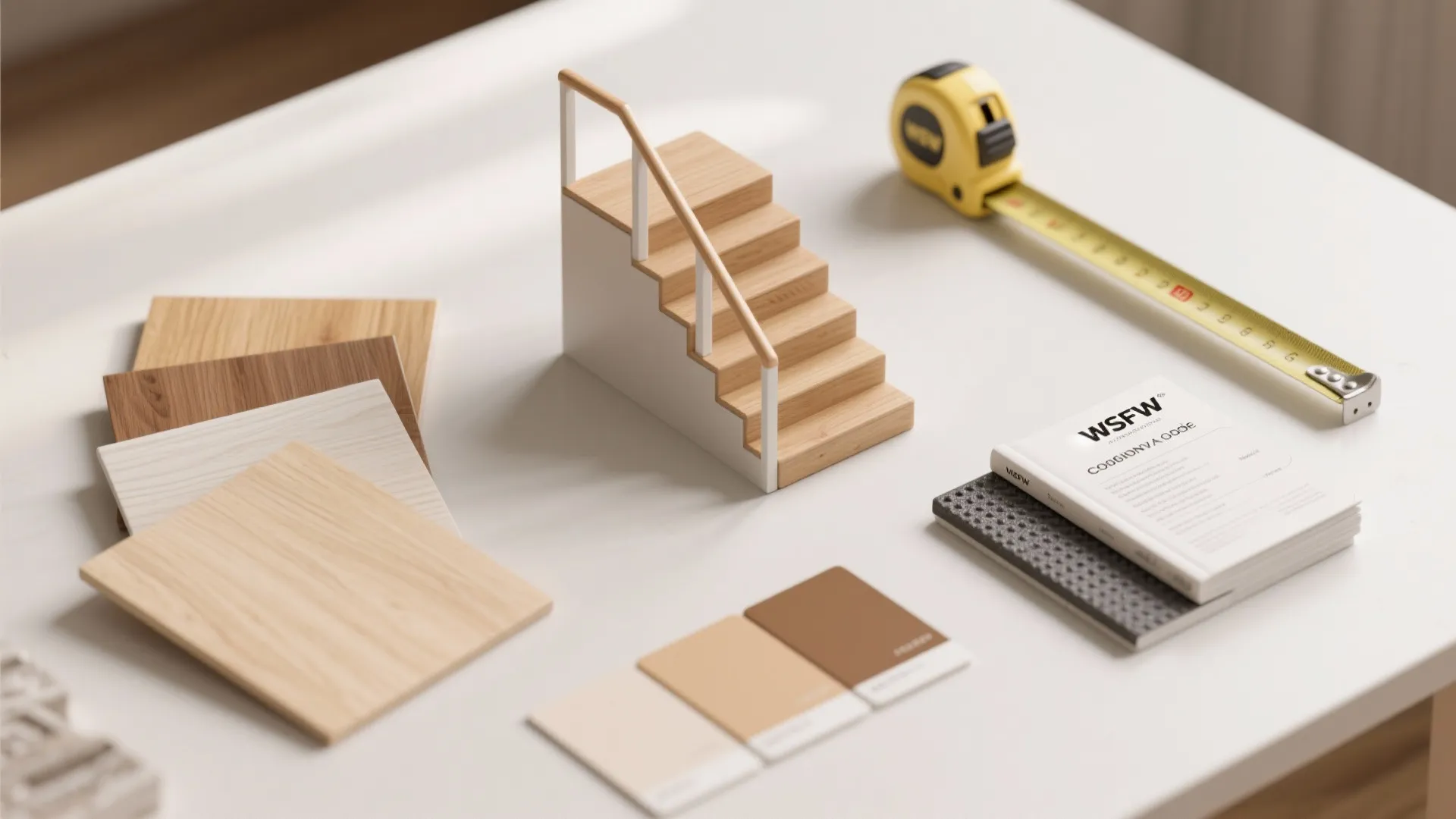 Top-down flatlay of wood swatches, scale model, measuring tape and codebook for compact stair design decisions.