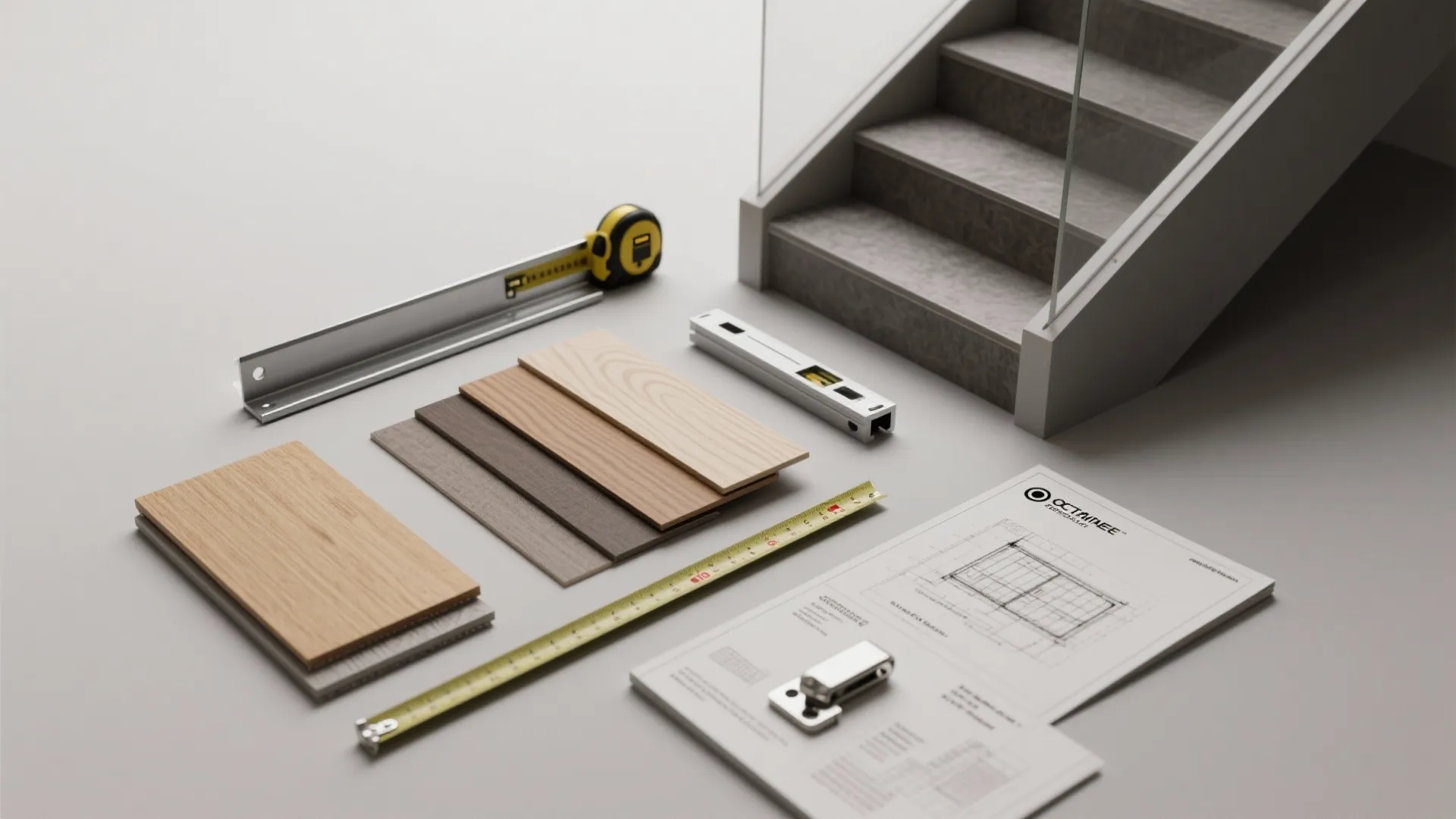 Interior design drawing with wood samples measuring tape and level tools next to modern stairs