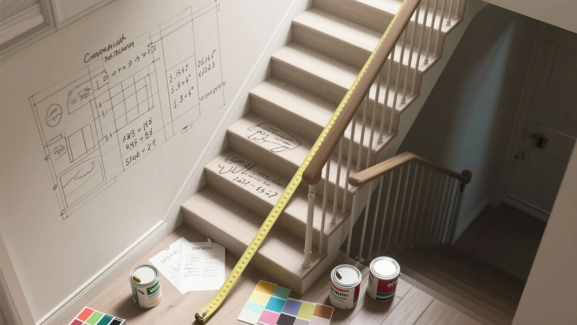 Wooden stairs with measuring tape paint cans and design notes on the wall for renovation
