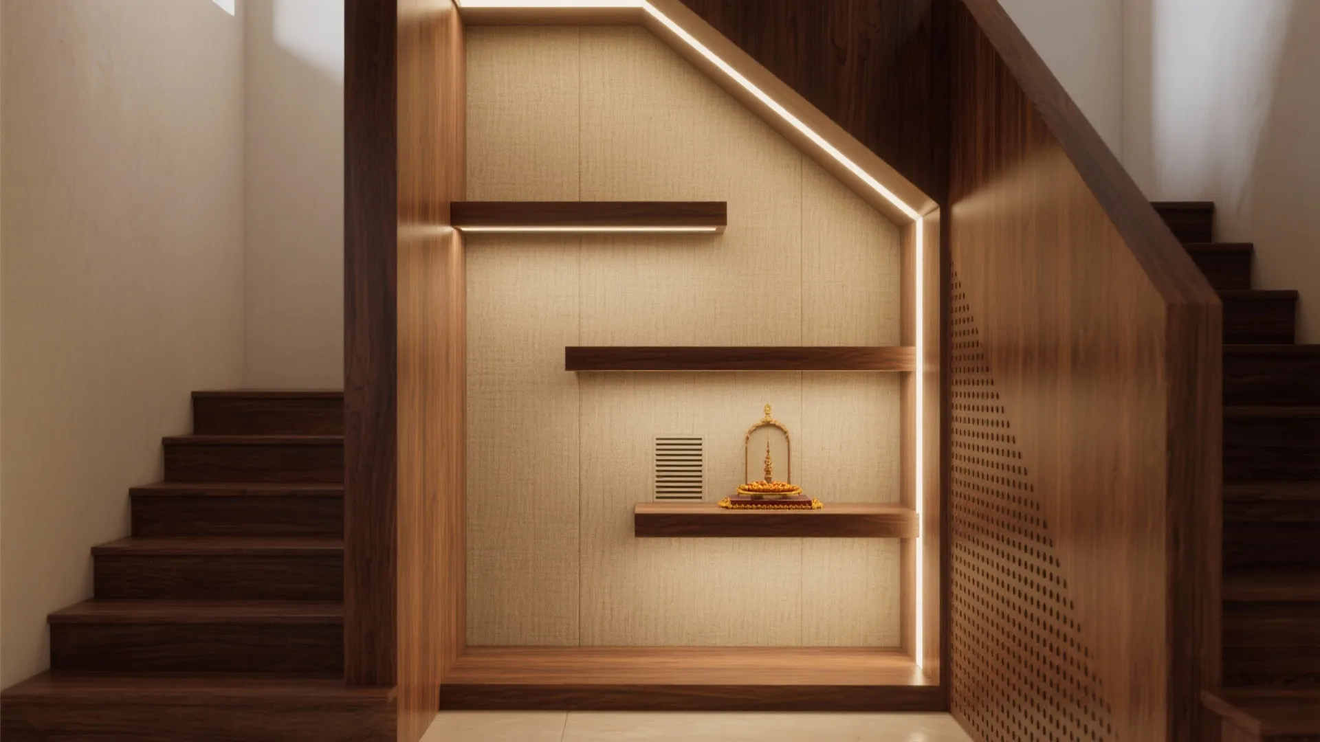 Corner niche mandir beneath stairs