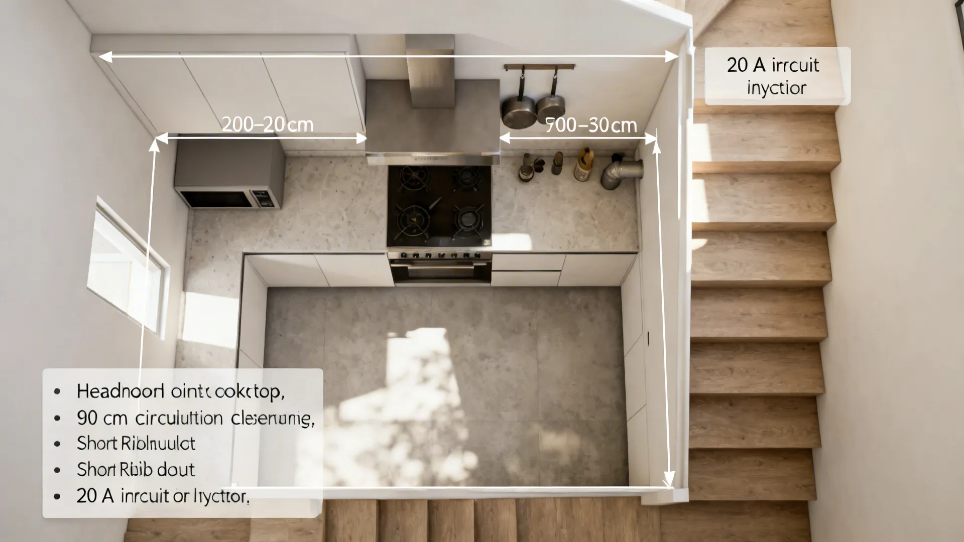 Top-down decision layout highlighting headroom, clearances, duct route, and power needs.