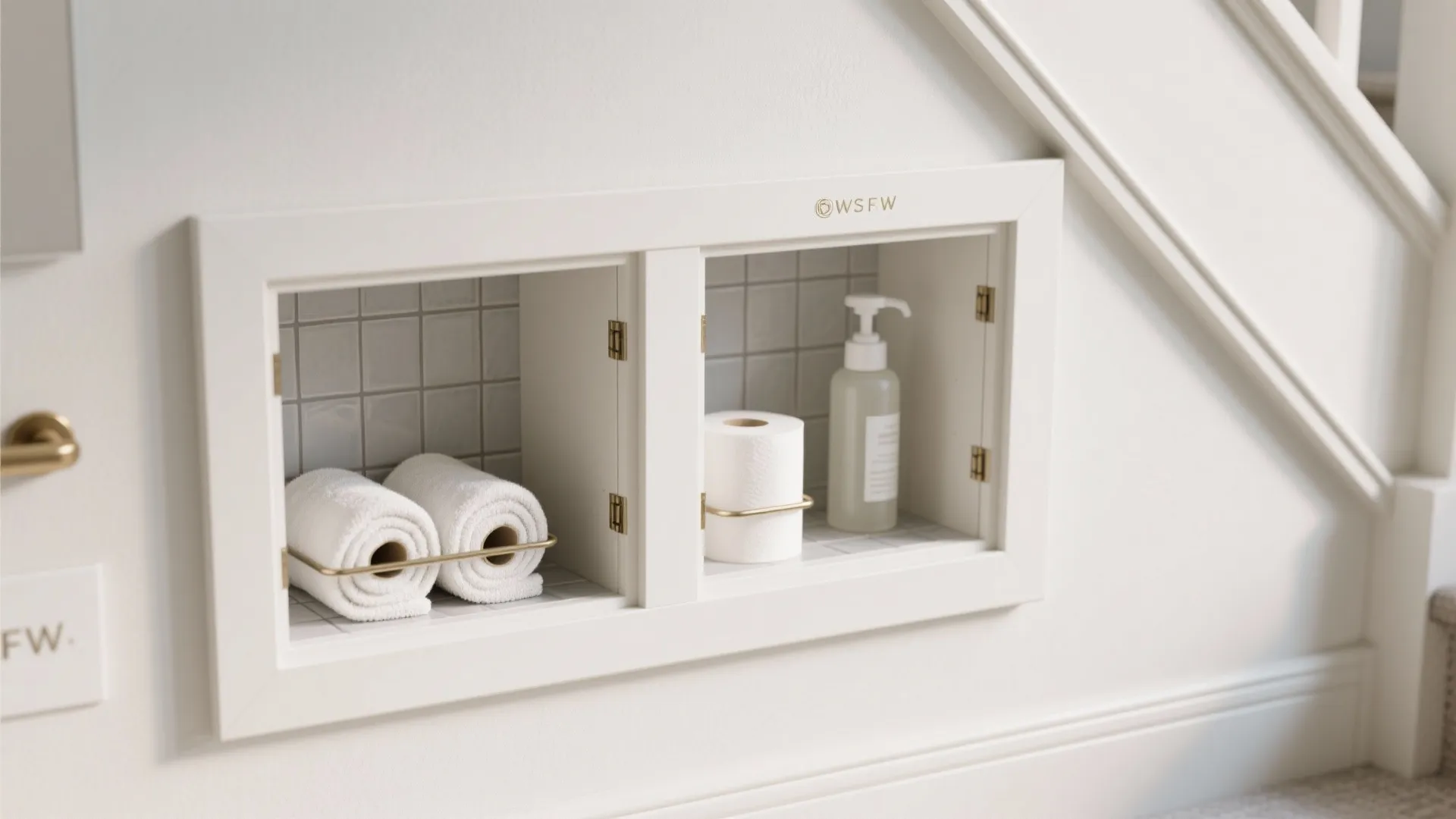 Built-in white wall cabinet under stairs holding rolled towels and bathroom supplies in small niches