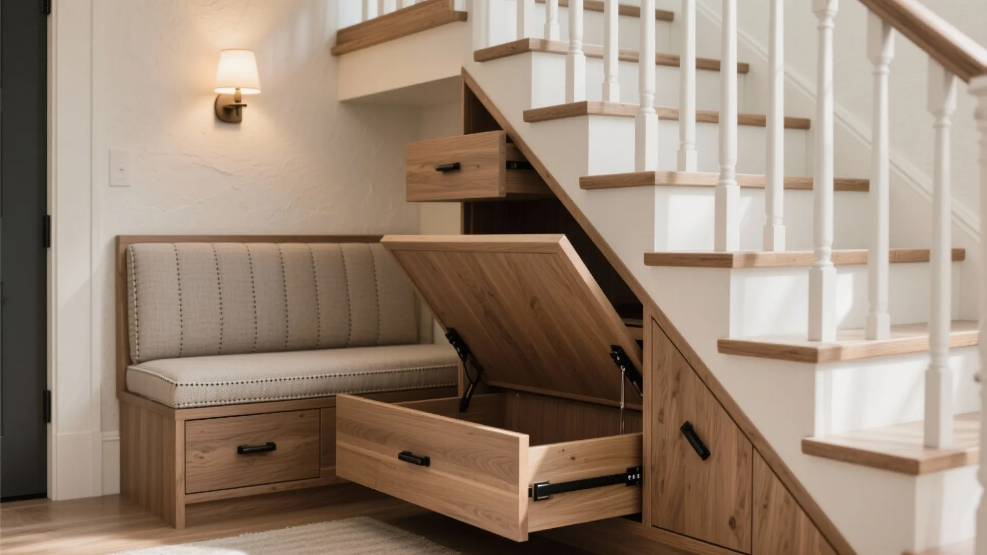 Staircase storage and banquette nooks