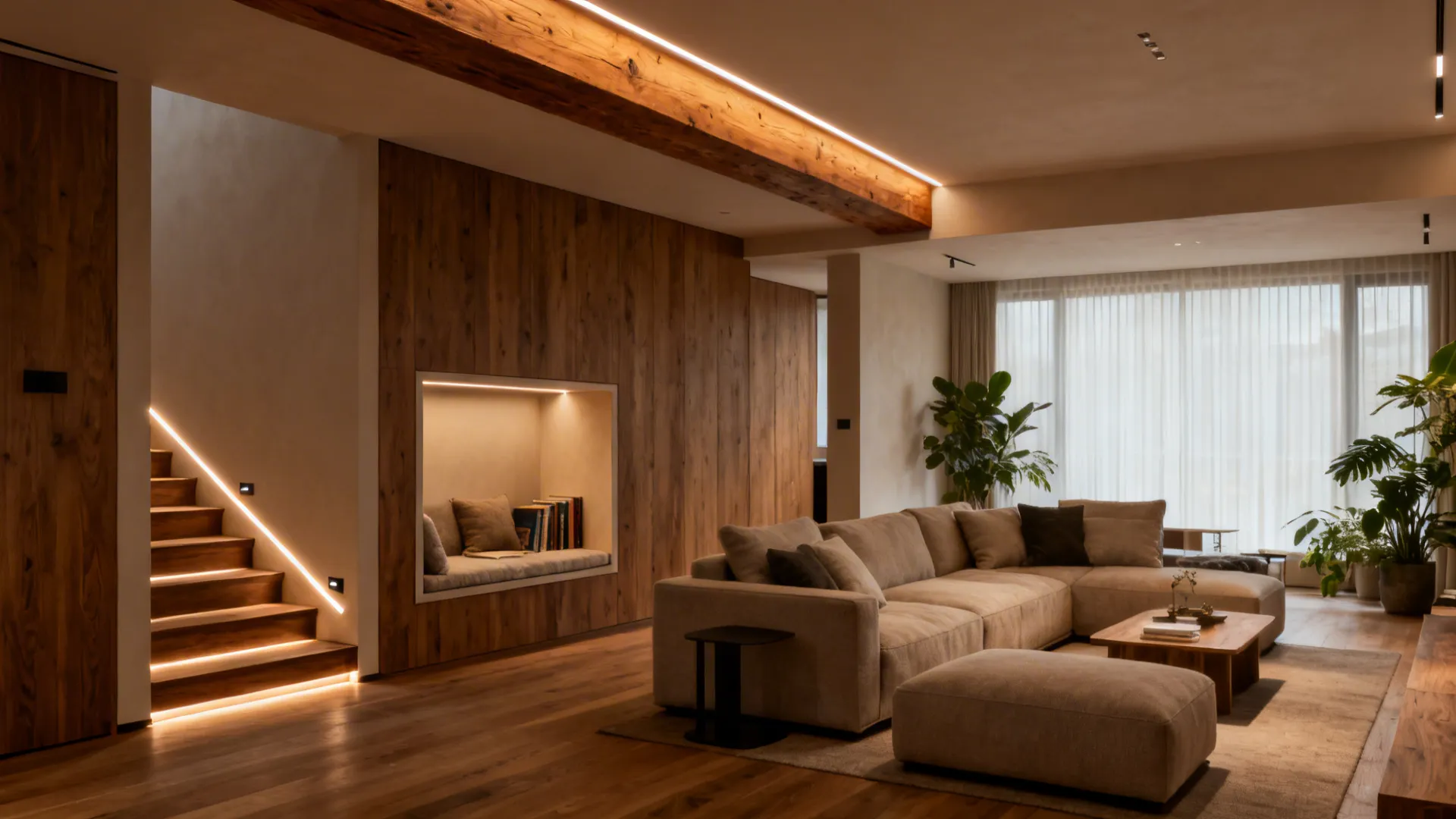 LED strips accent stair edges, a reading nook, and a timber beam to zone the living area.