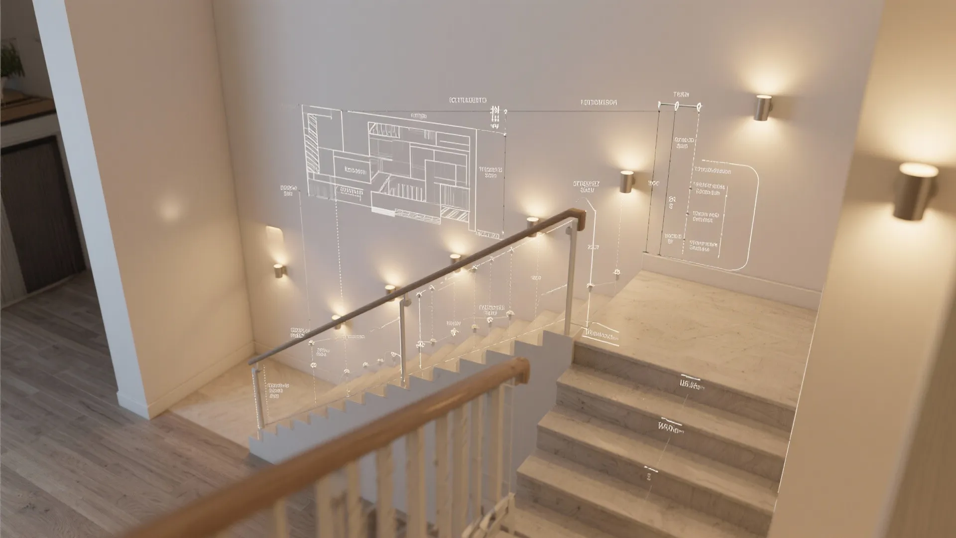 Top-down stair plan visualizing recommended light heights and spacing for safe illumination