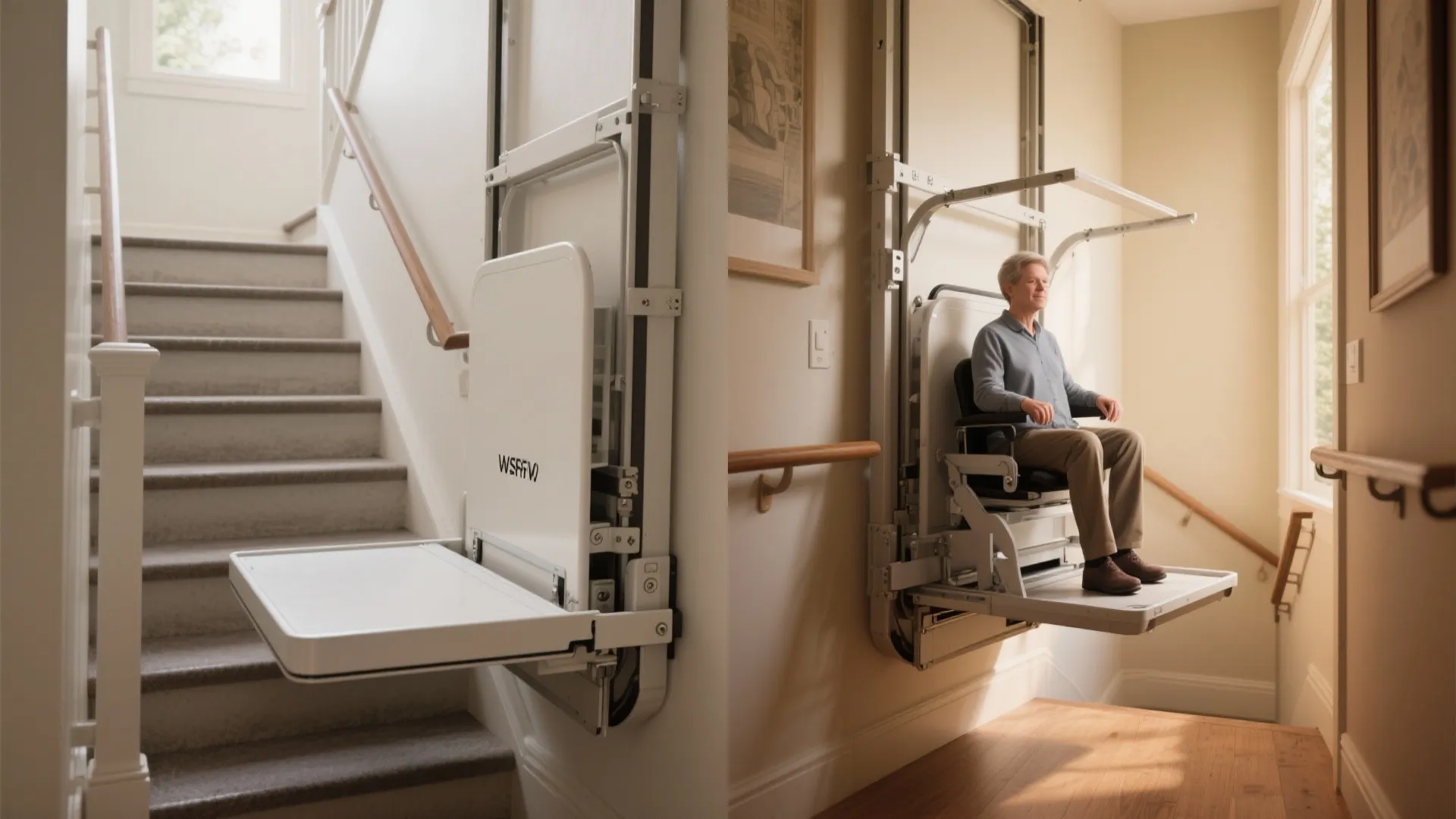 White platform stair lift shown folded and with man sitting on it near wooden stairs