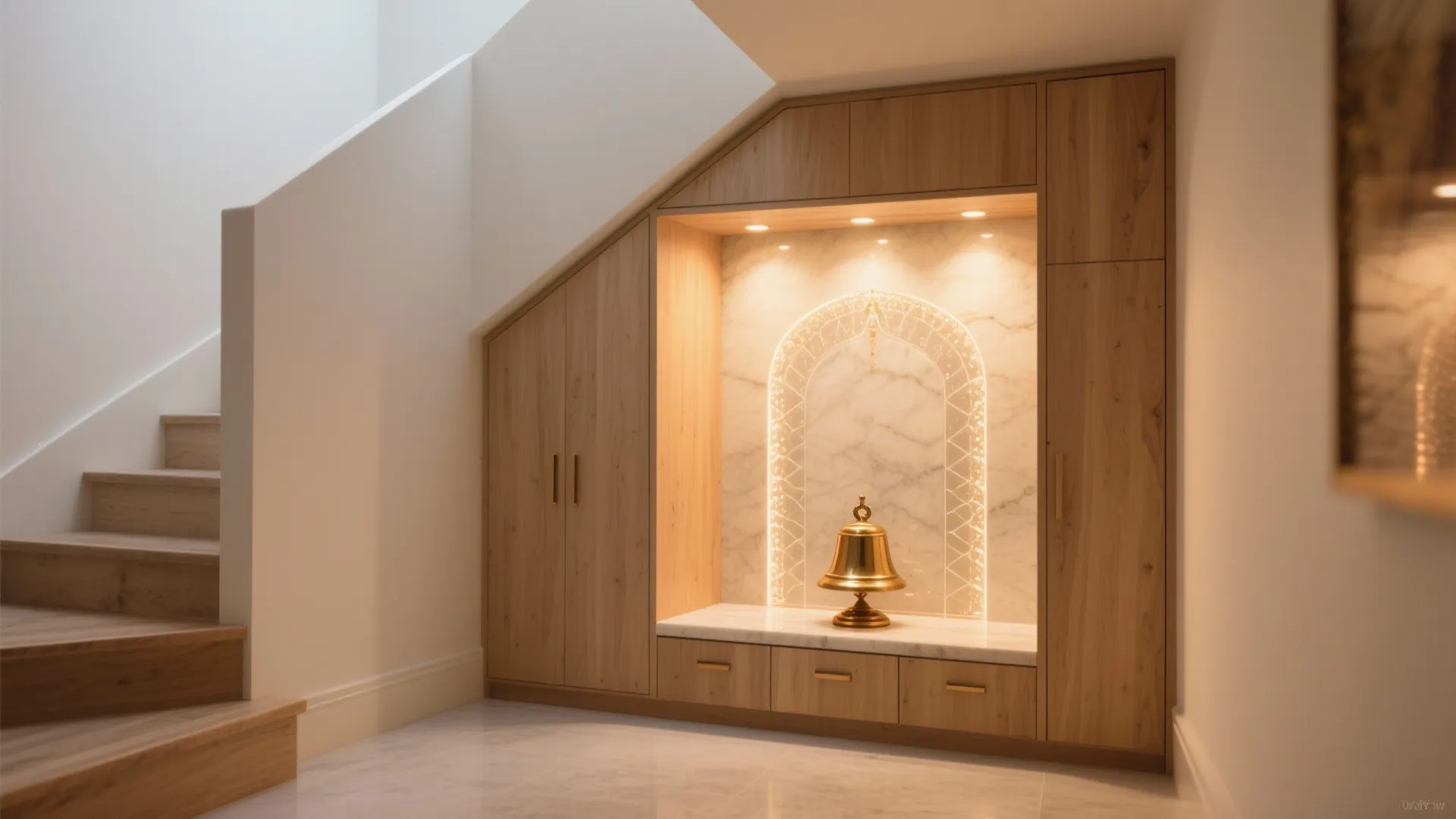 Under-stair pooja nook with layered lighting