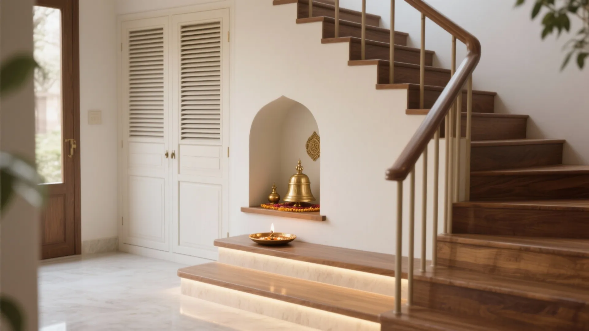 Wooden staircase with lit candle on step and gold bell in white wall niche area