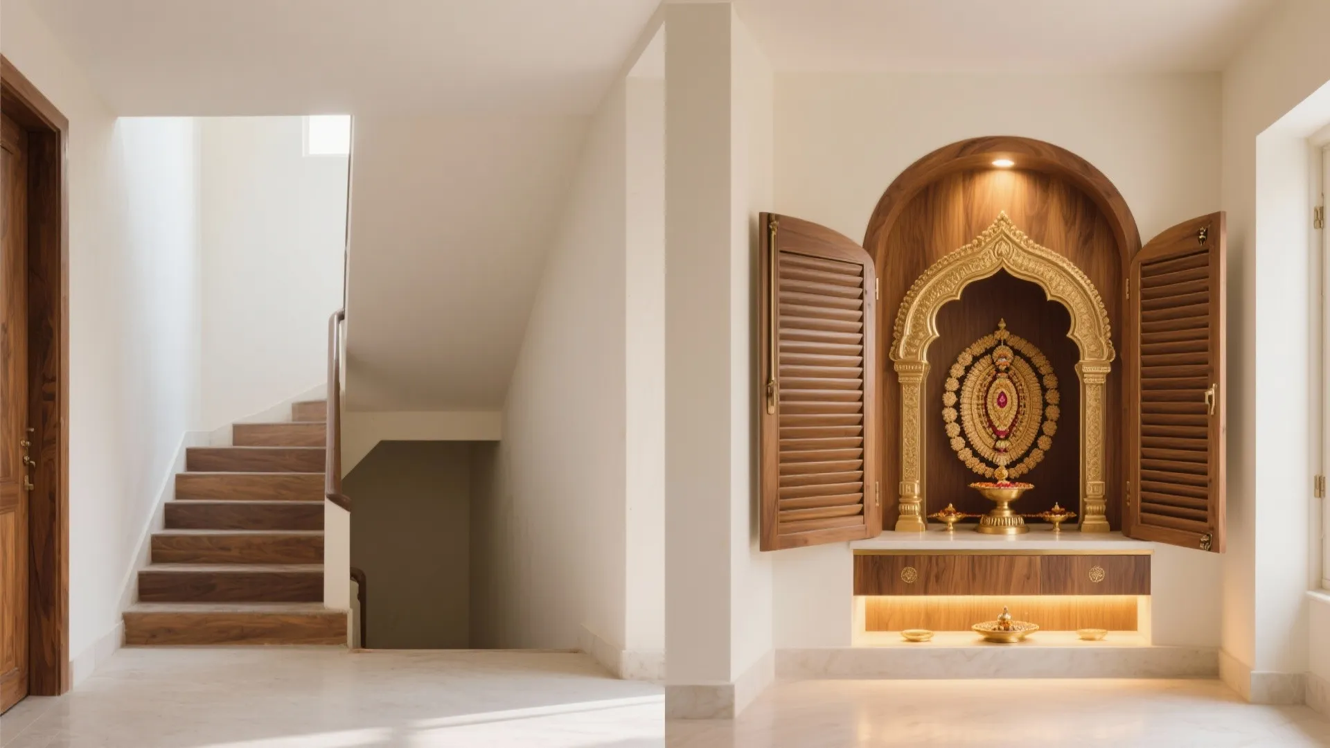 Under-Stair Pooja Niche with Sliding Shutters