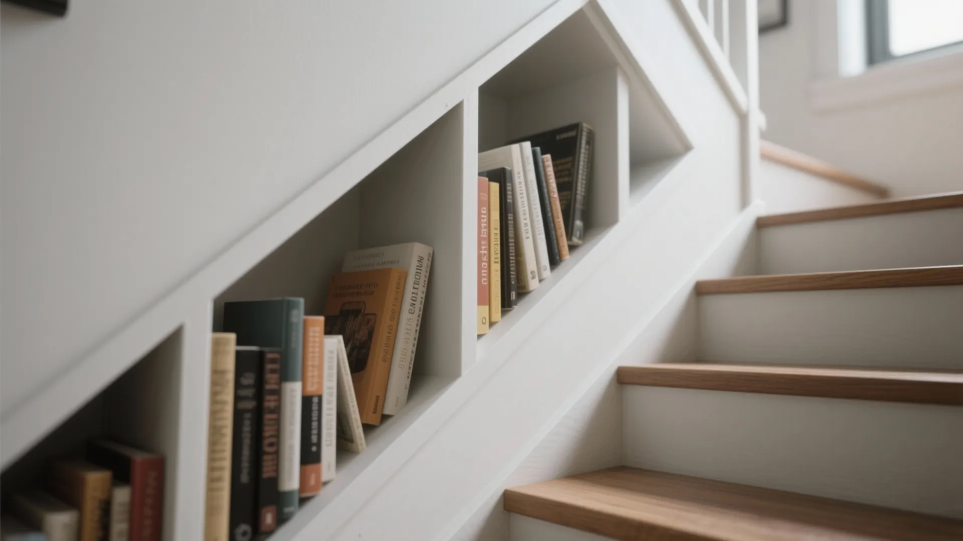 Built-in white storage shelves under a wooden staircase filled with many colorful books for home