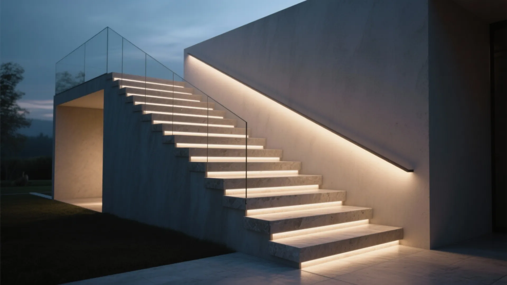 Modern staircase with linear grazing lights embedded in each riser guiding the path