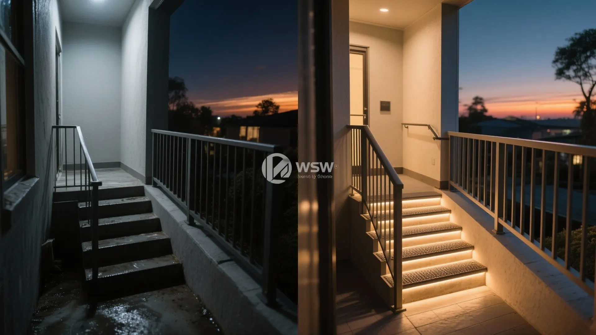 Before and after comparison of dark outdoor stairs versus bright stairs with warm yellow lights