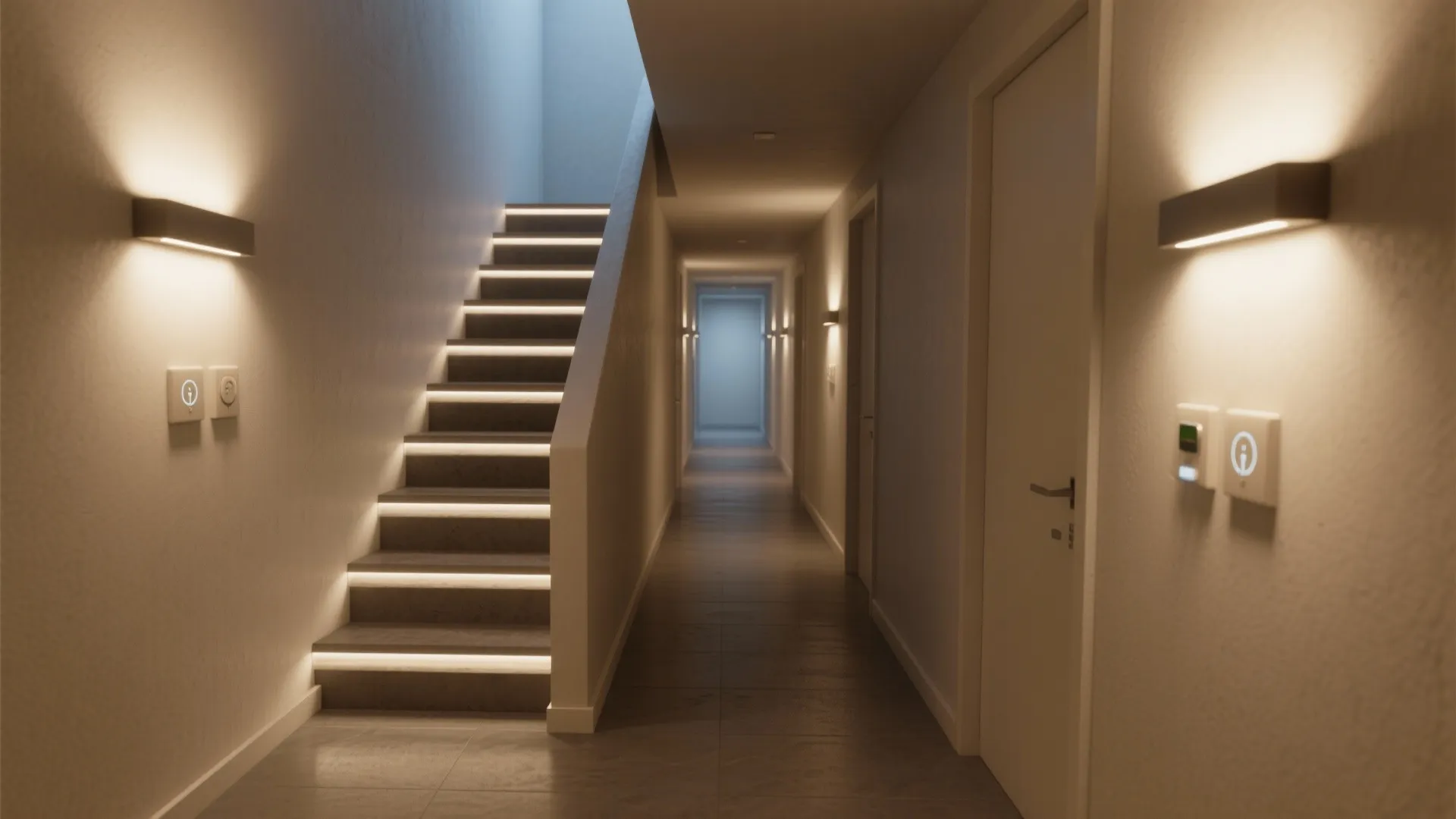 Stair and hallway safety lighting with local switches and sensors