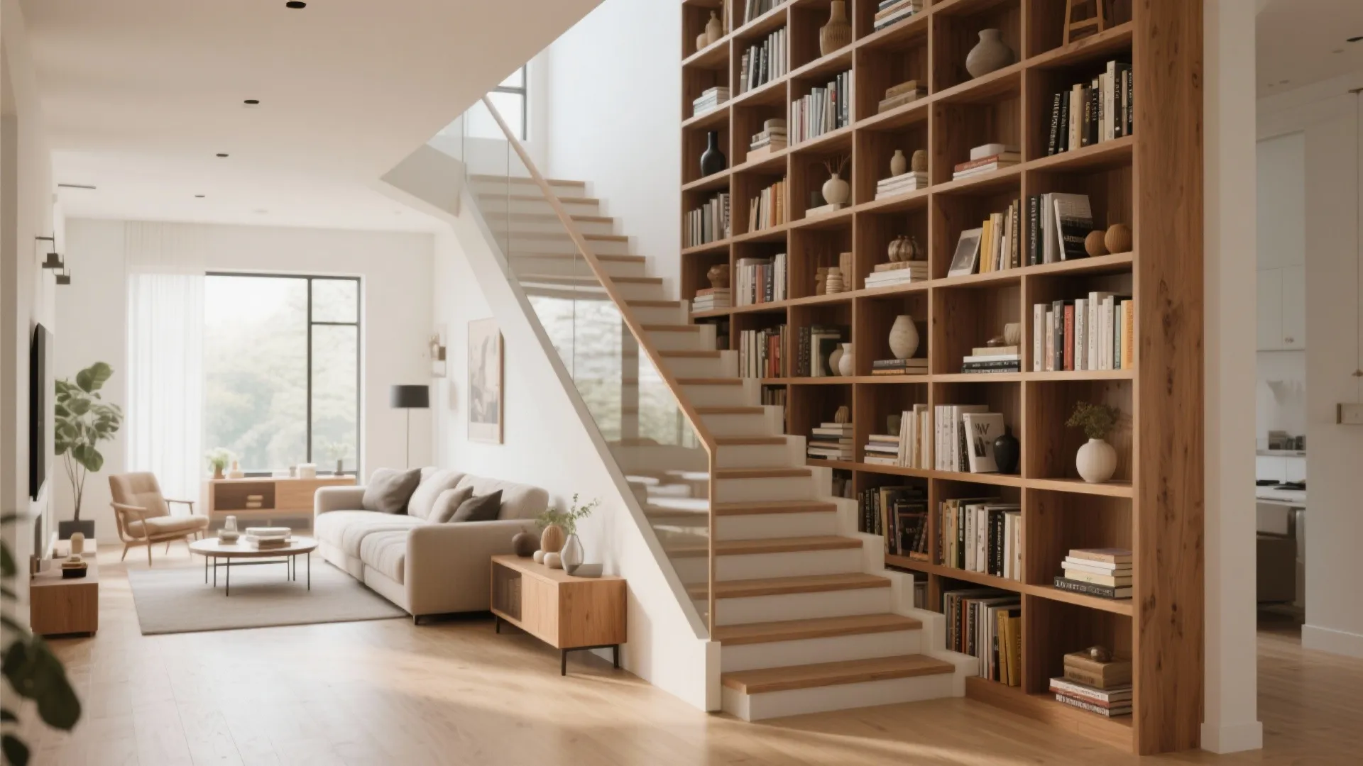 6. Built-In Shelving Along the Stair Wall