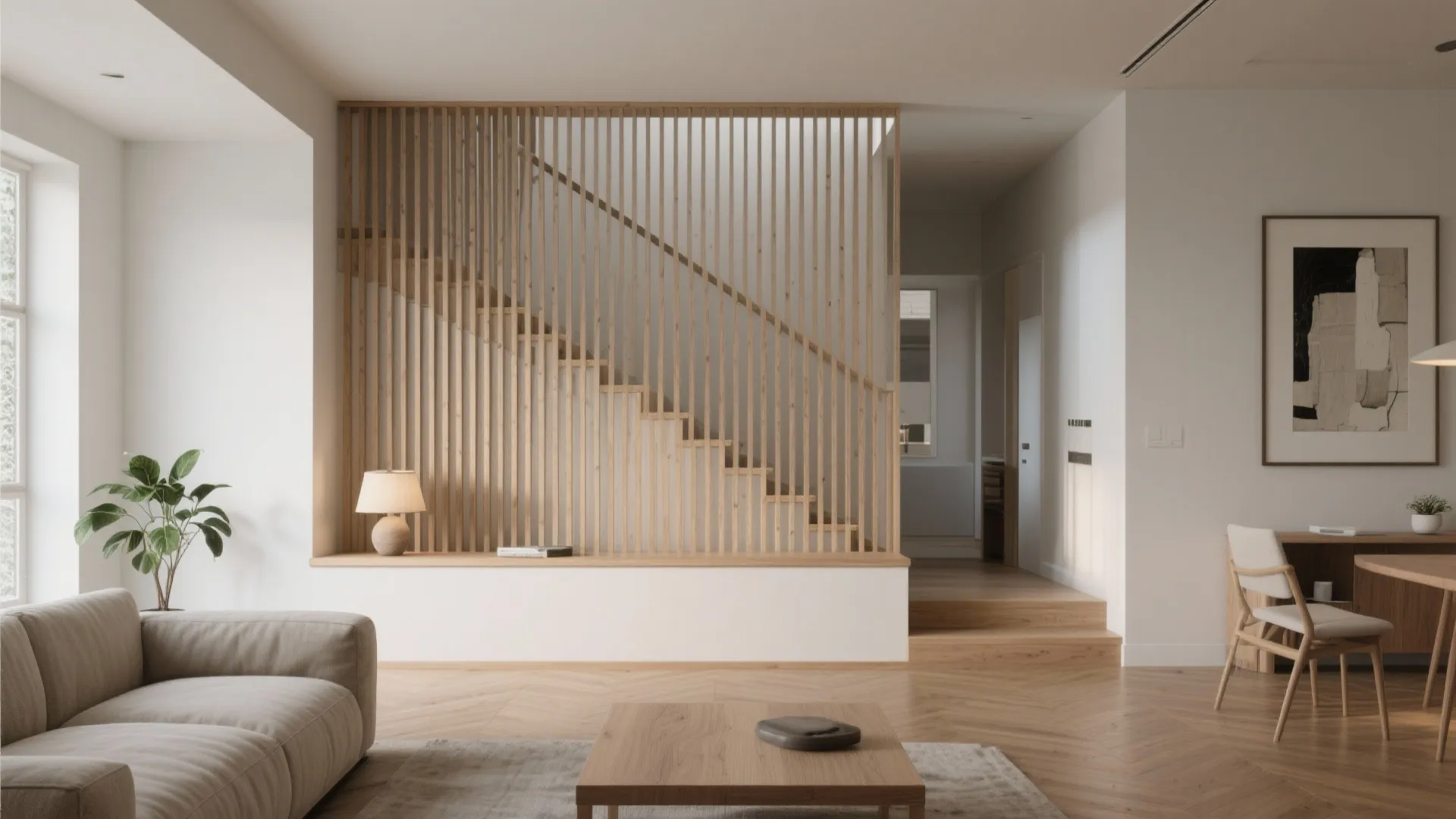 Let the stair divide softly: slats, half-walls, and subtle screens