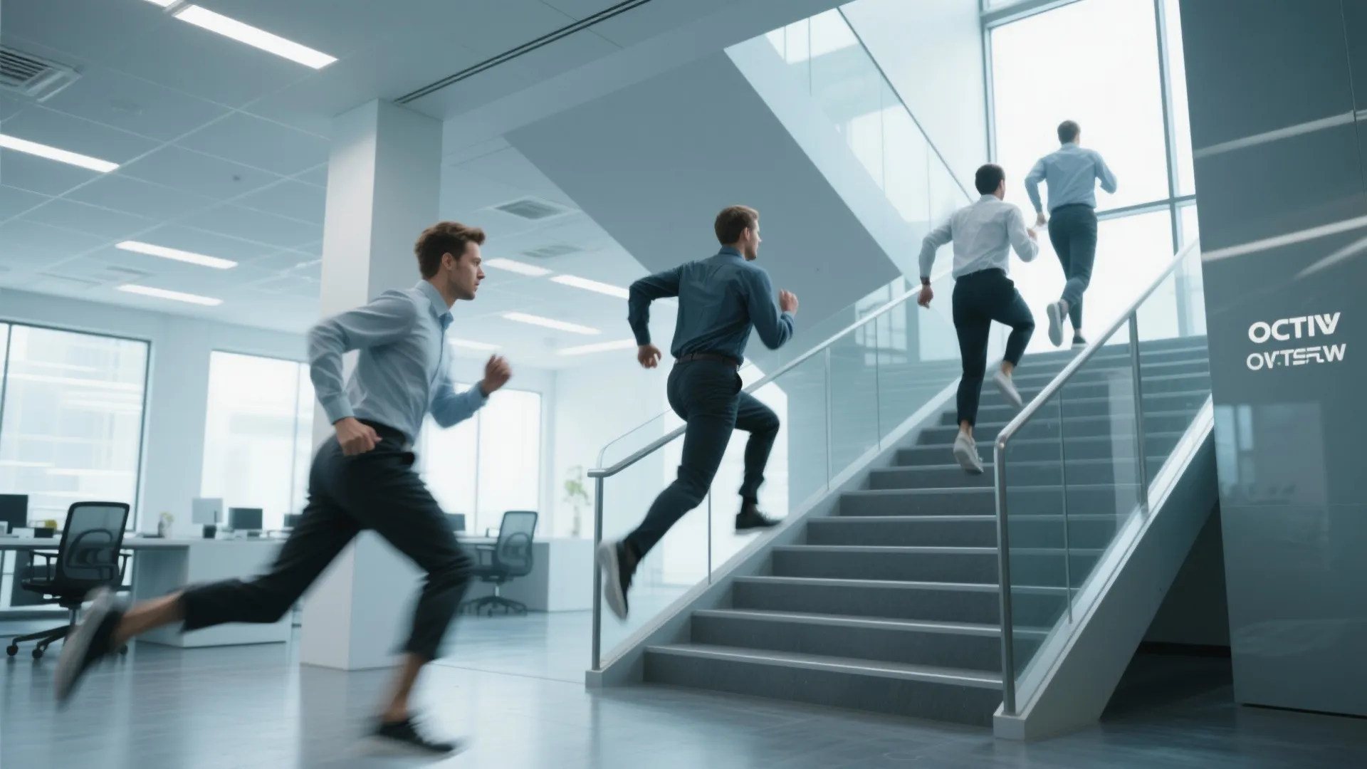Employees running up office stairs for exercise
