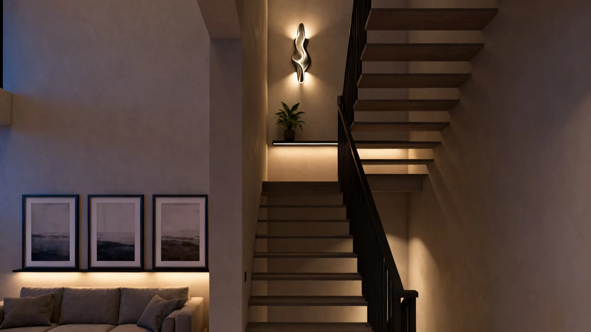 Stair-adjacent gallery wall with art, sculptural sconce, and a slim landing shelf with a plant