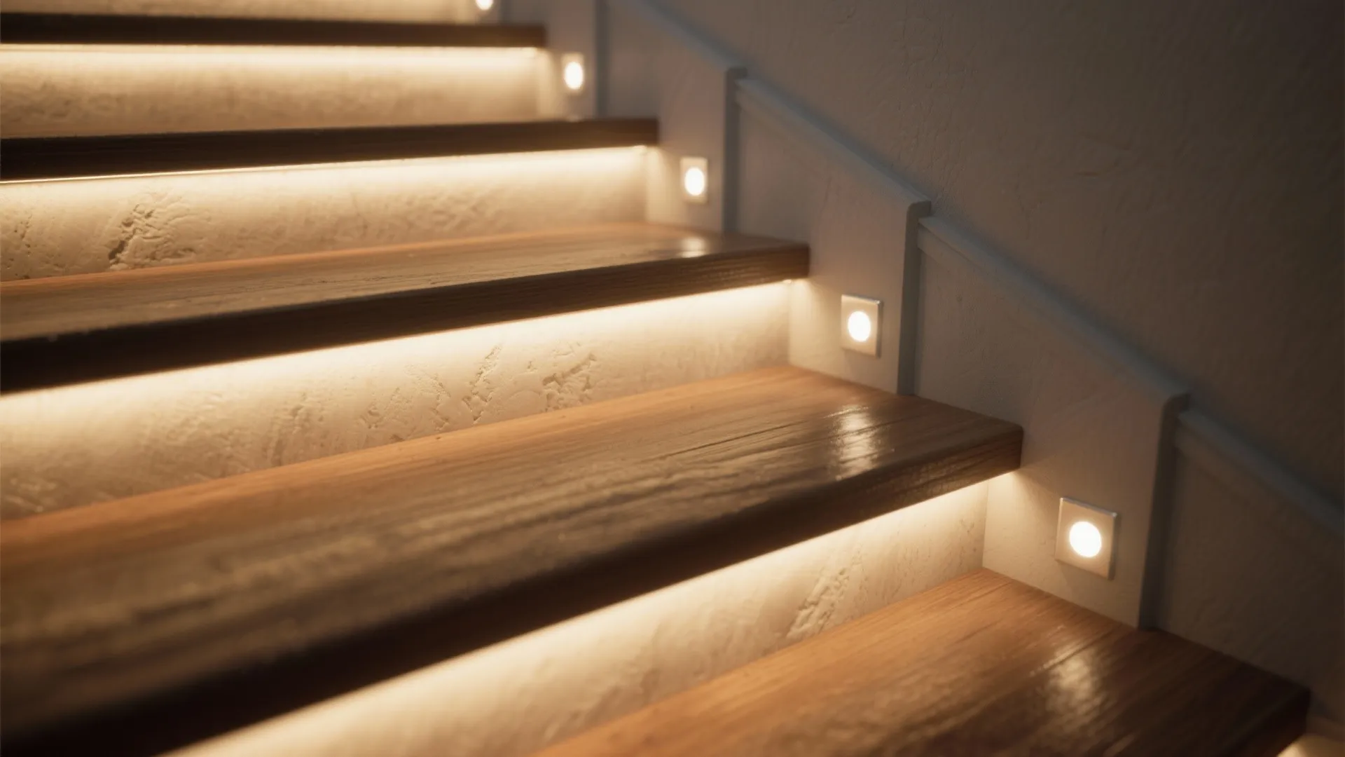 Close-up of recessed step lights creating warm layered illumination on wooden stairs.