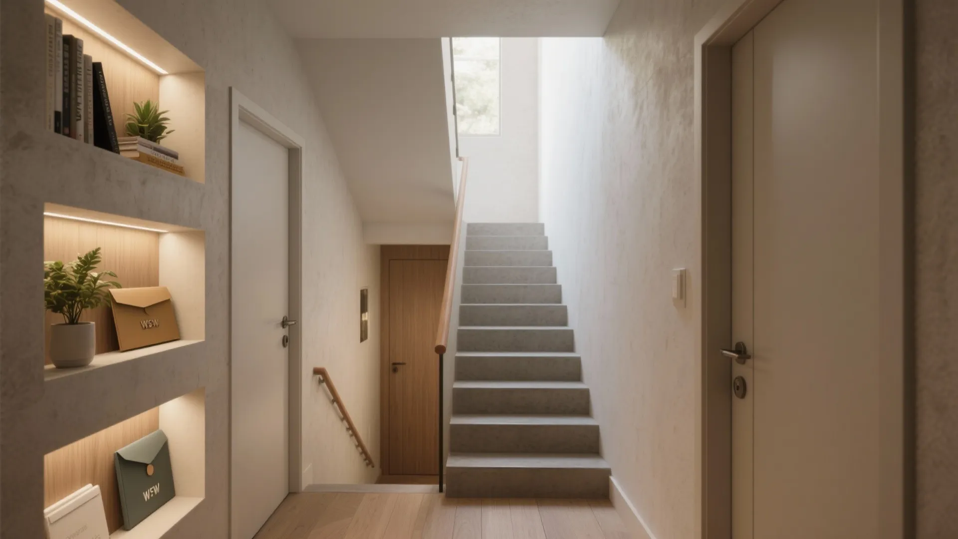 Built-In Storage and Niches Along the Stair Wall