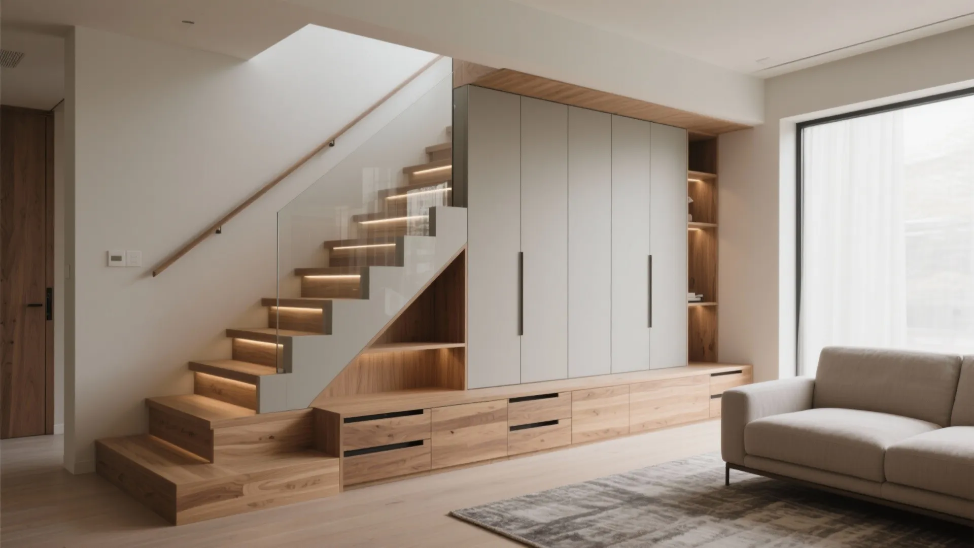 Stair-integrated storage wall