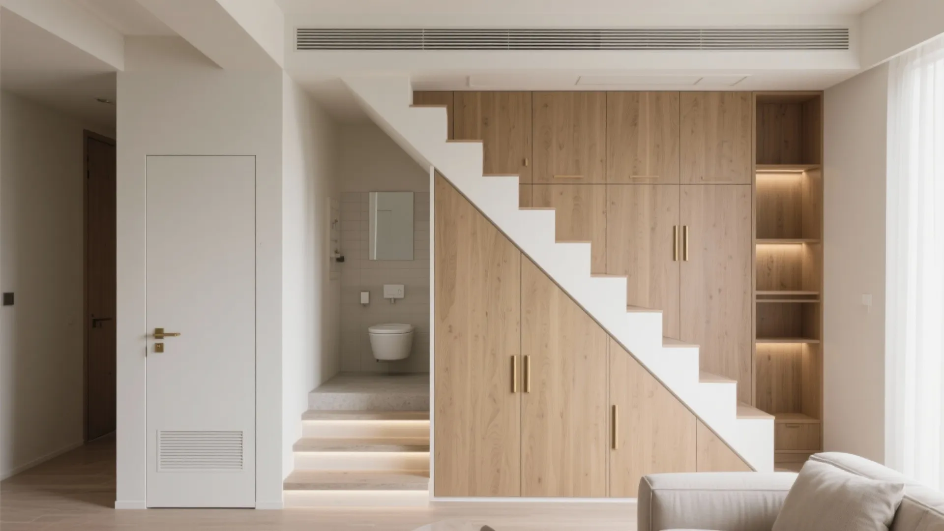 Stair smarts: storage wall, powder room, and light
