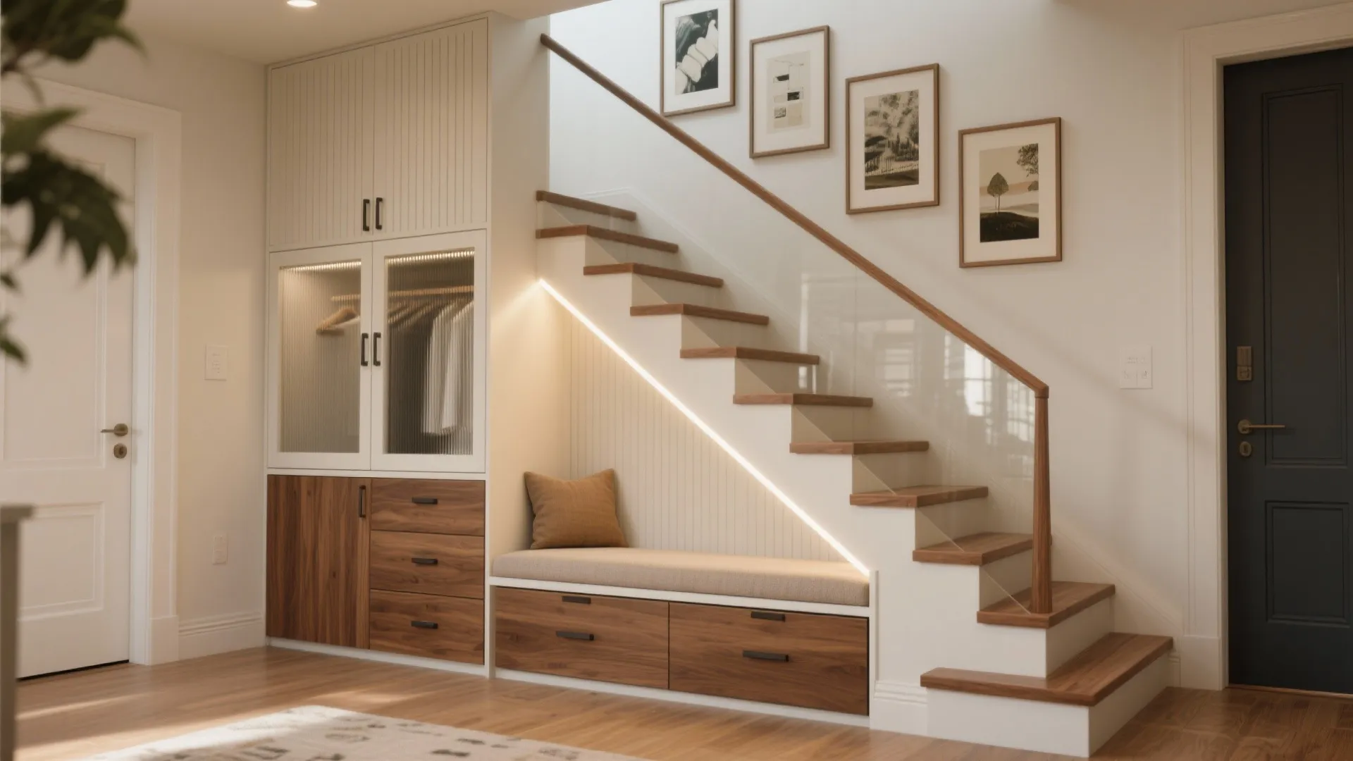 2) The staircase wall: storage, gallery, and soul