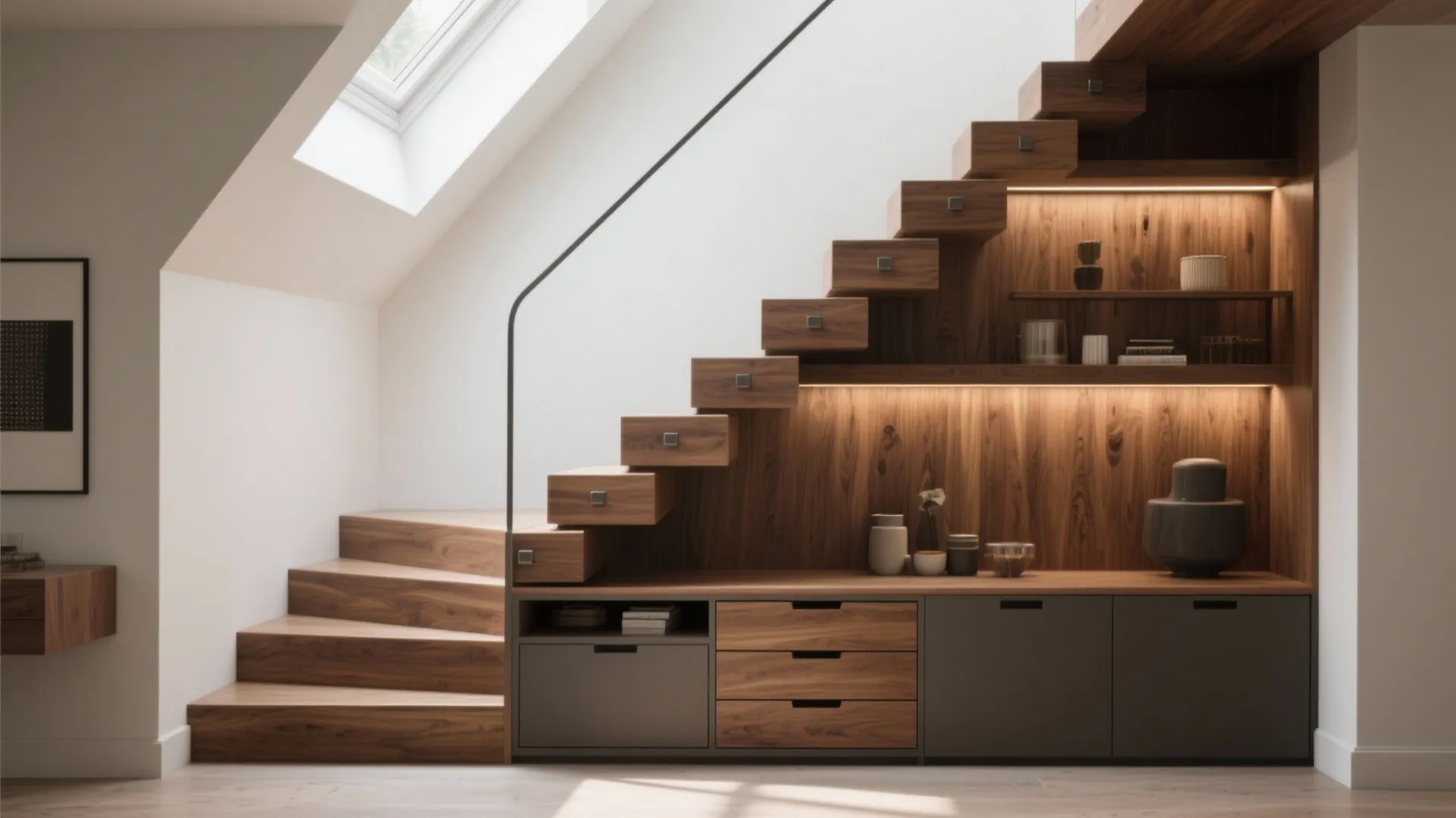 Wooden stairs with built in storage drawers shelves light wood wall panel and roof window