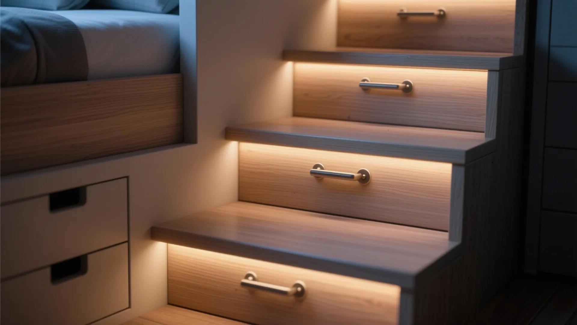 5. Staircase with Drawers and Integrated Lighting