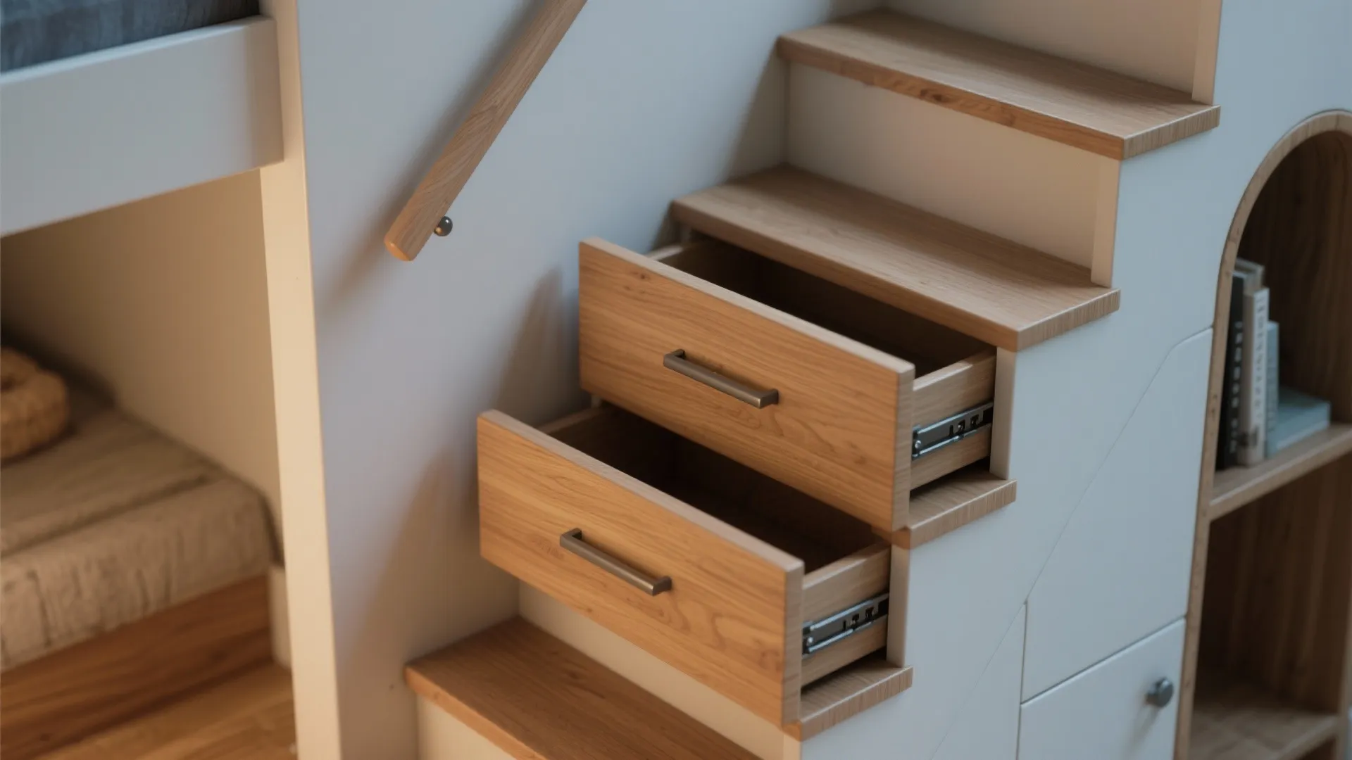 Staircase-style loft steps with hidden deep drawers, showing a partially open drawer and wood grain detail.