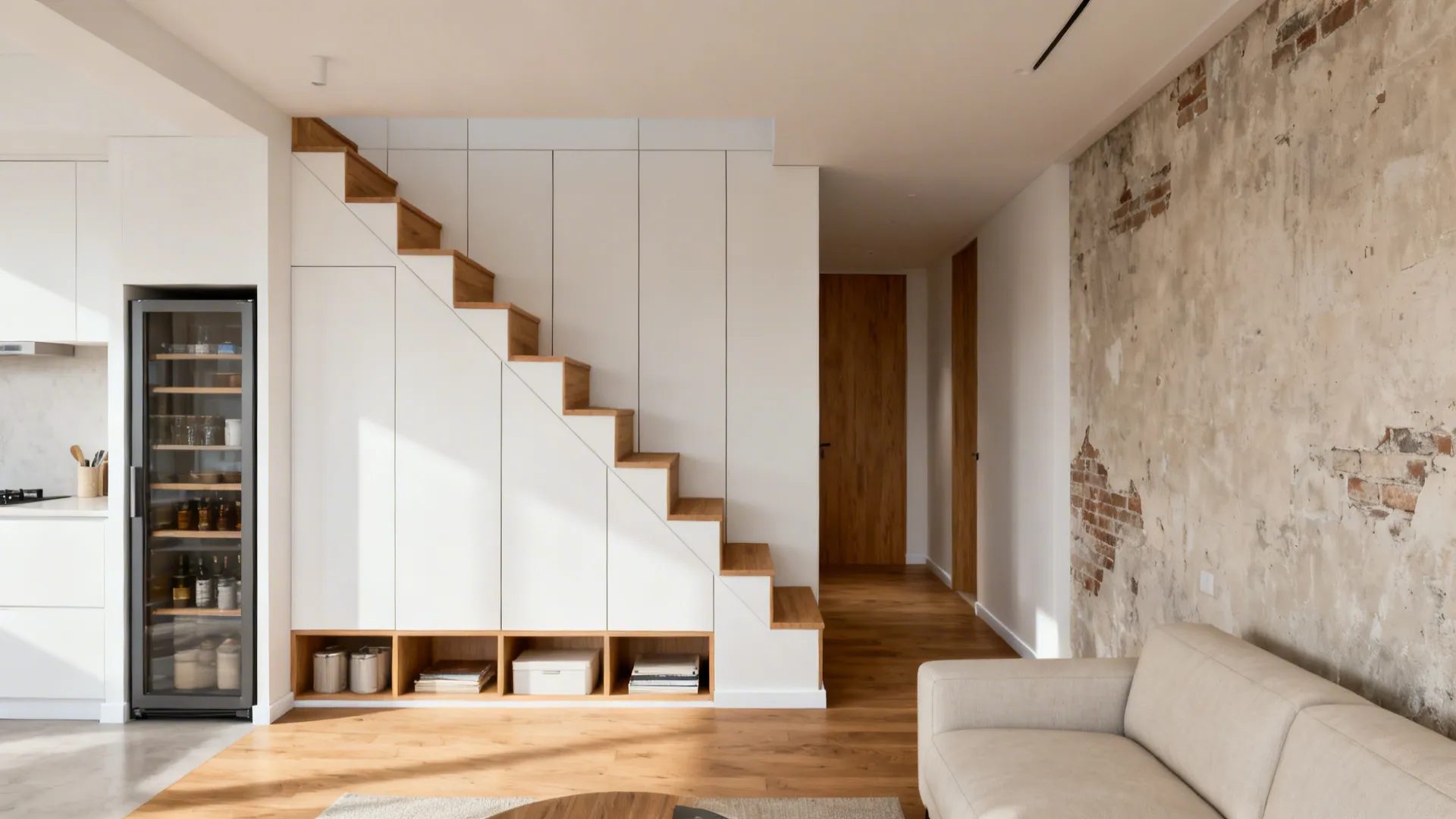 Minimalist under-stair storage with flush matte cabinets beside a compact living room.