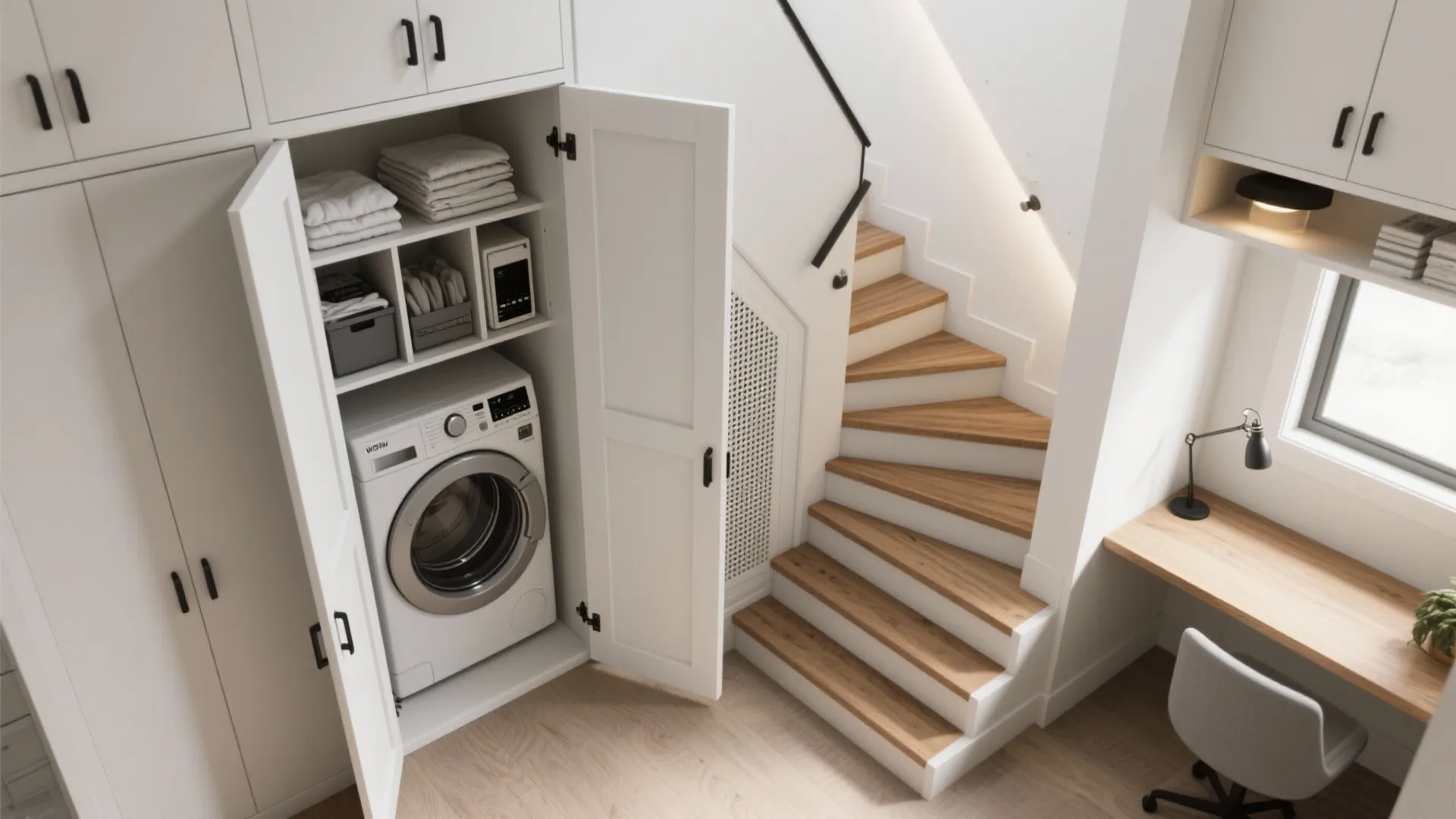 Stair-As-Organizer: Storage Wall, Desk Nook, Laundry