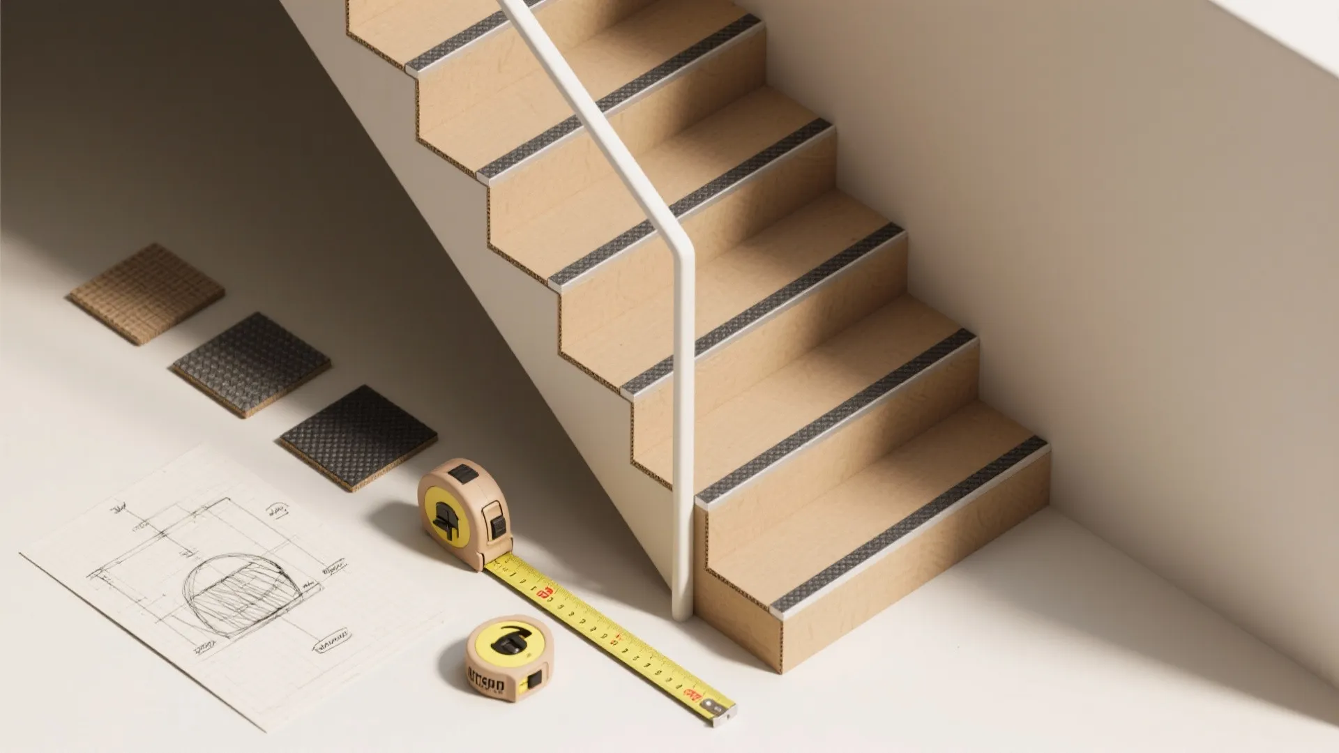 Top-down layout of stair design tools and samples including measuring tape, cardboard mockup and non-slip tread sample.