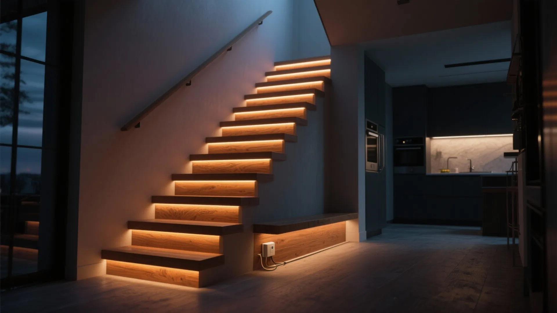 Wooden staircase with warm light strips under each step located next to a dark kitchen