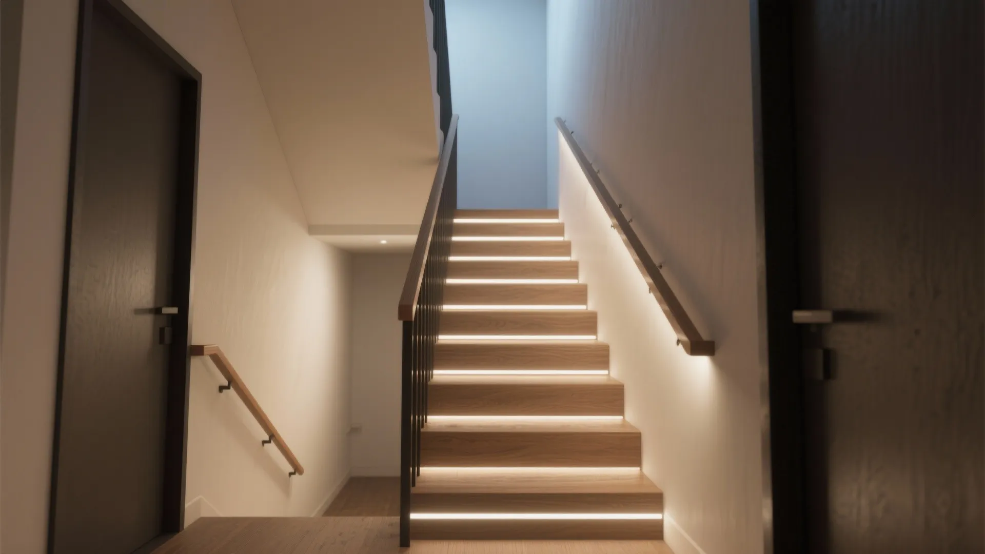 Duplex stairs with integrated linear LED lights in treads providing depth and safety