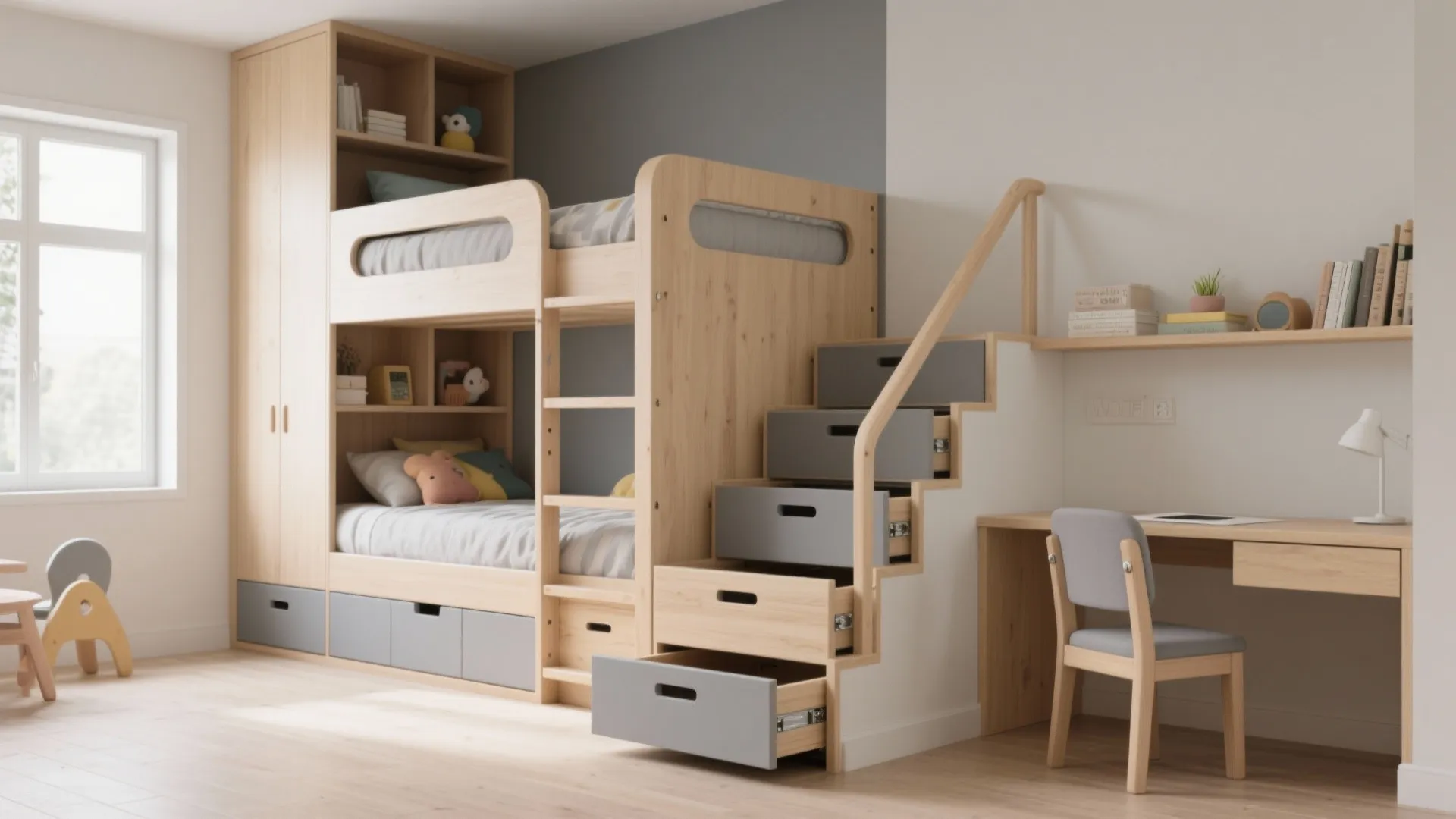 Staircase bunk bed with integrated drawer treads and a wall-mounted desk in a compact bedroom.