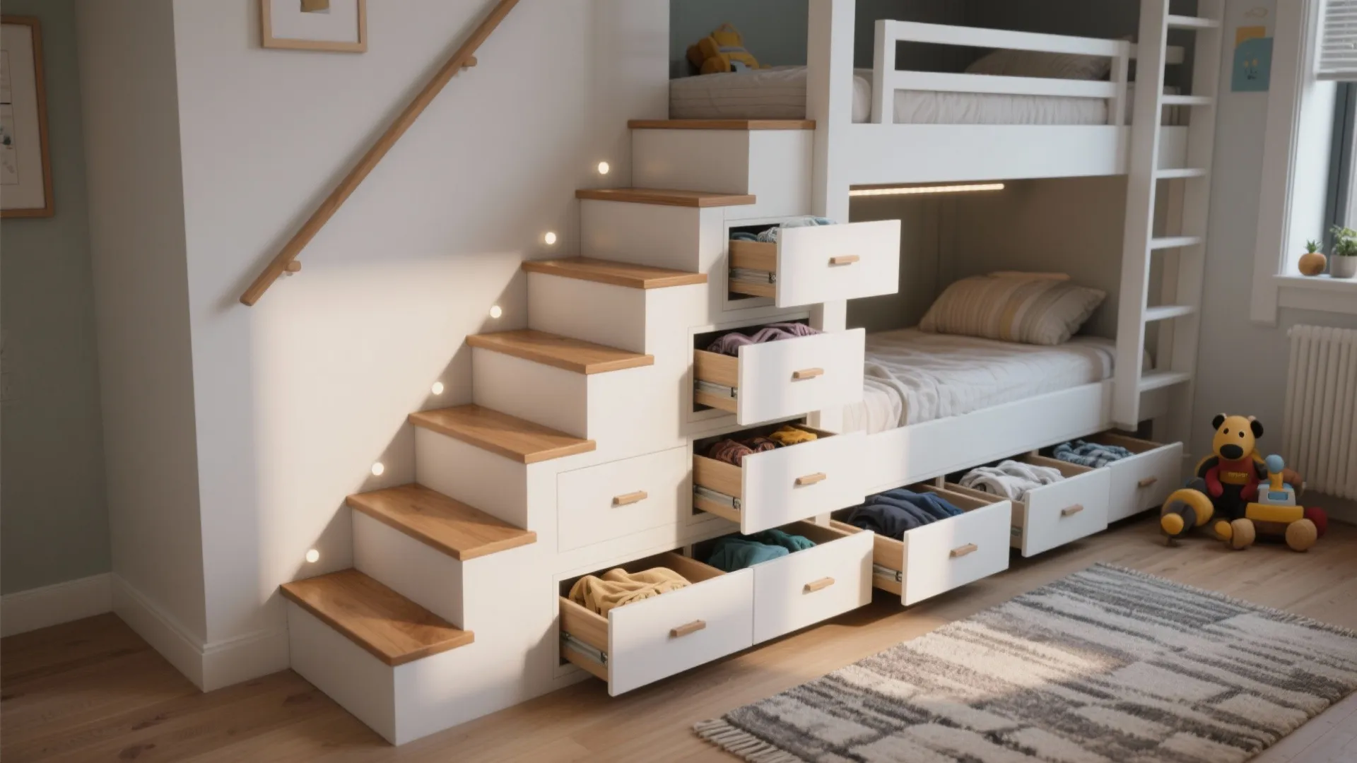 2. Staircase bunks with built-in storage