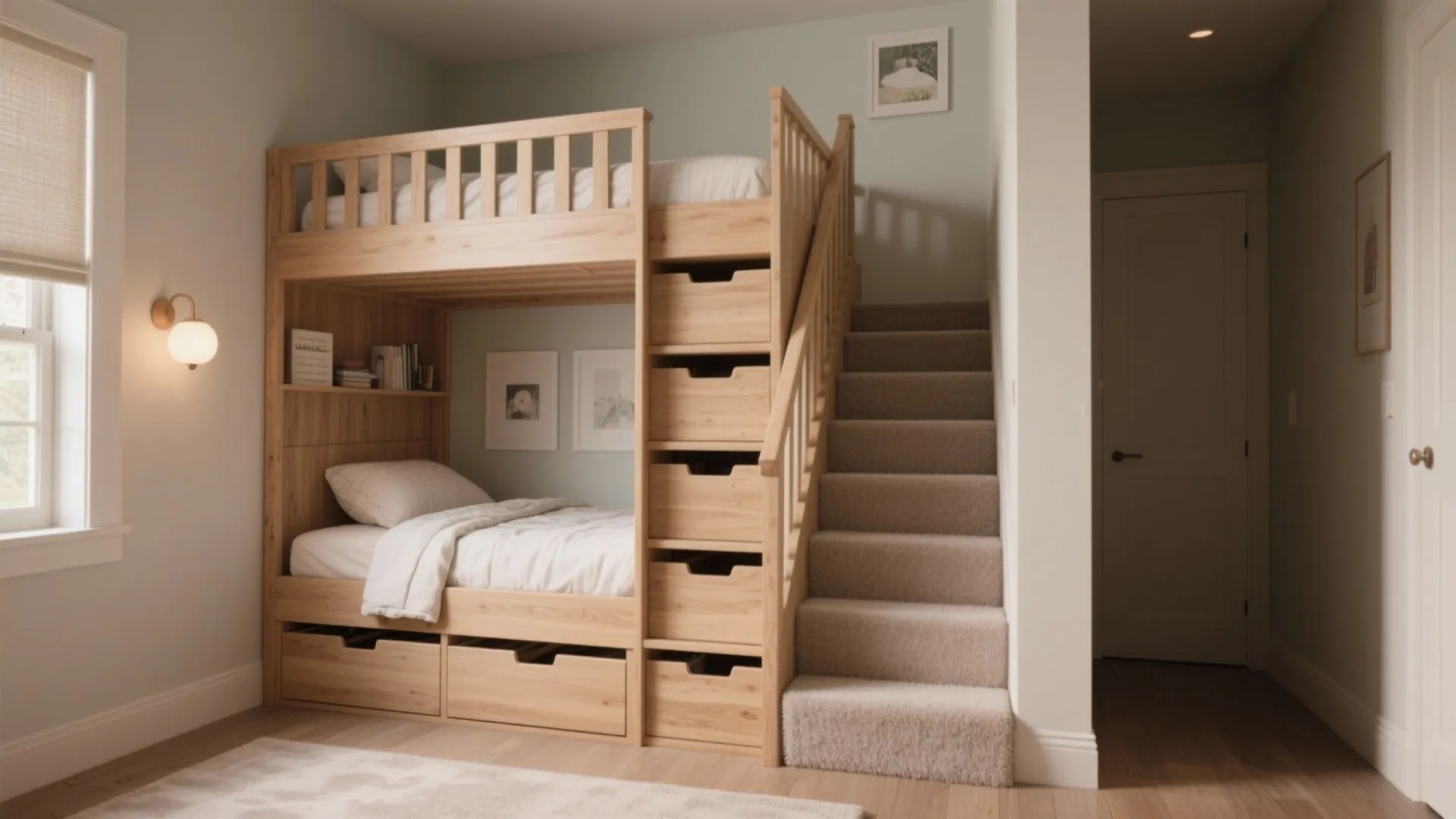 Staircase-style bunk bed with integrated drawer storage in each riser, shown in a warm, family-friendly bedroom.
