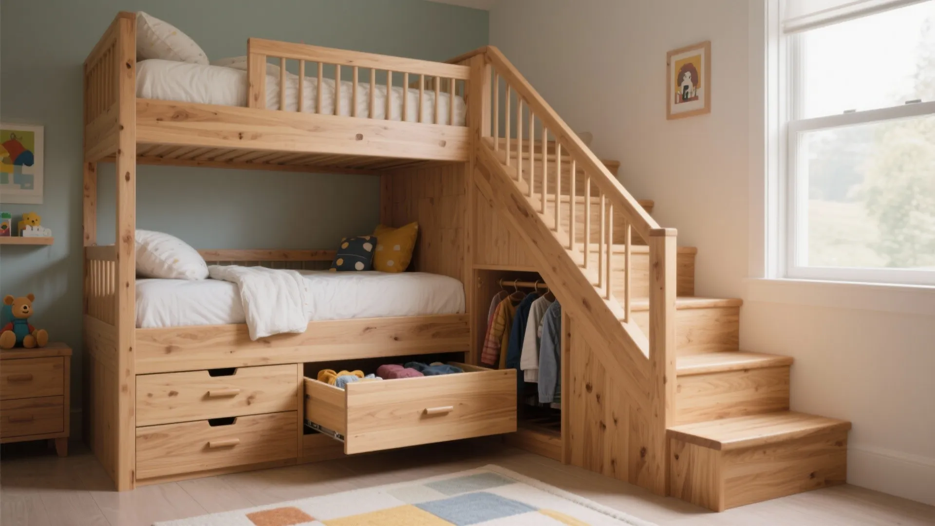 Bedroom with staircase-style bunk beds where each riser is a built-in drawer, showing wood grain and storage.