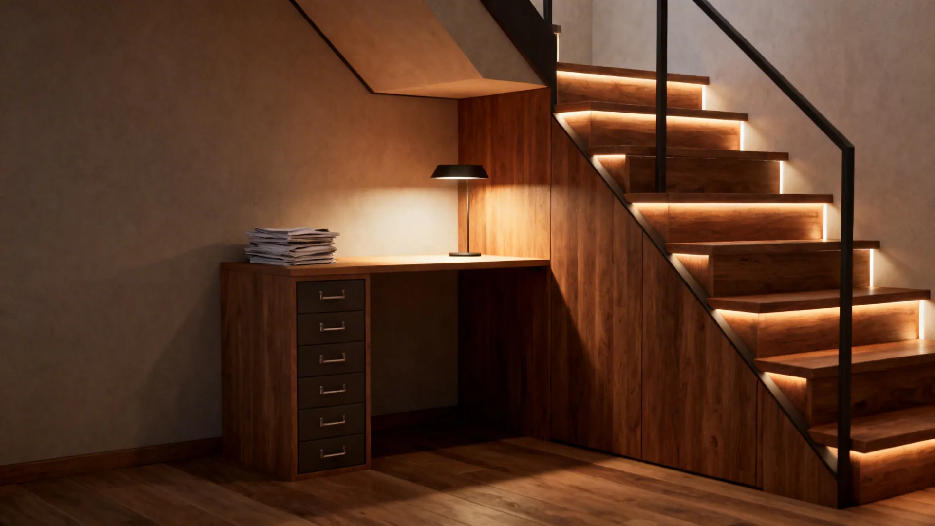 Built-in desk integrated along a staircase wall with vertical drawers and integrated lighting.