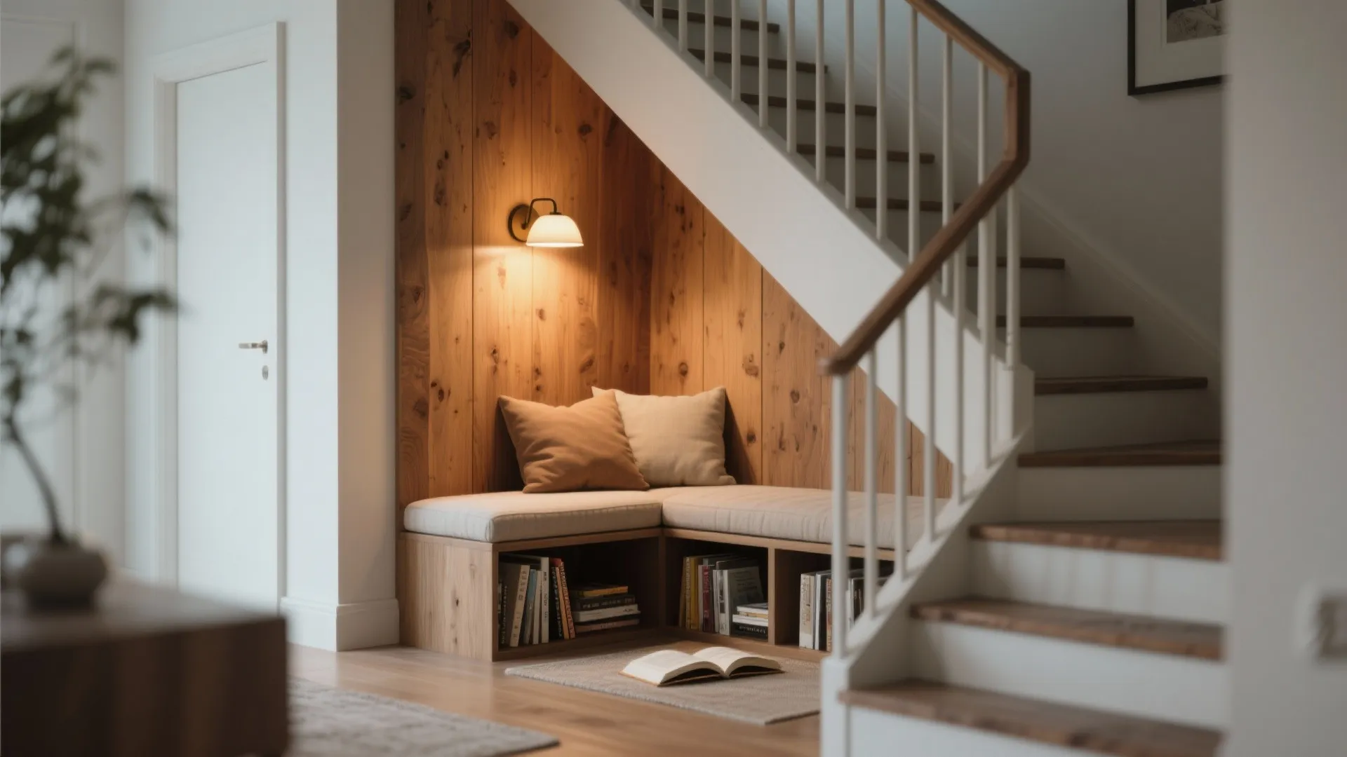Inviting reading nook with bench and warm lighting under staircase