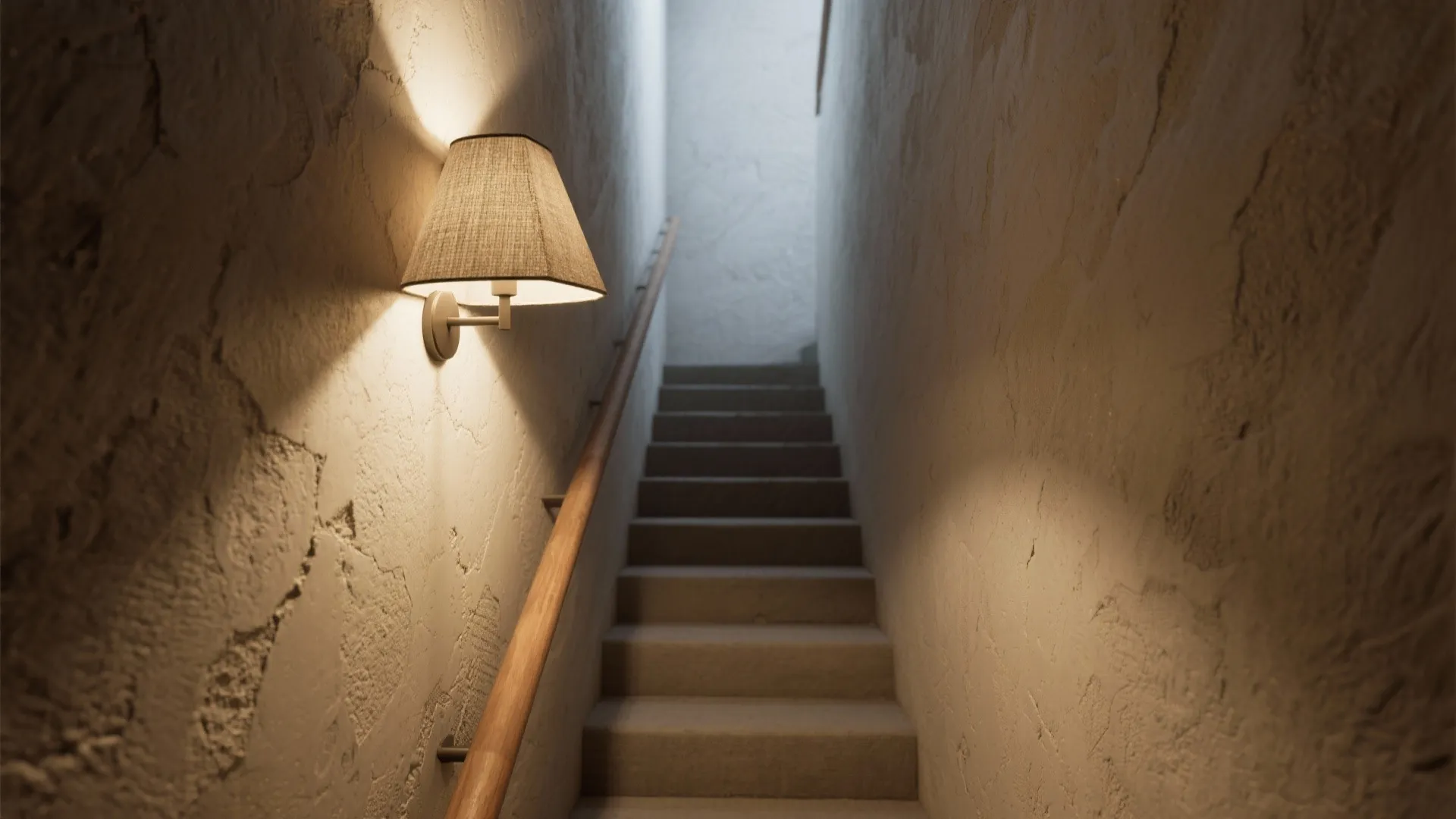 Narrow staircase with a textured plaster wall softly highlighted by an angled fabric shade sconce creating warm depth.