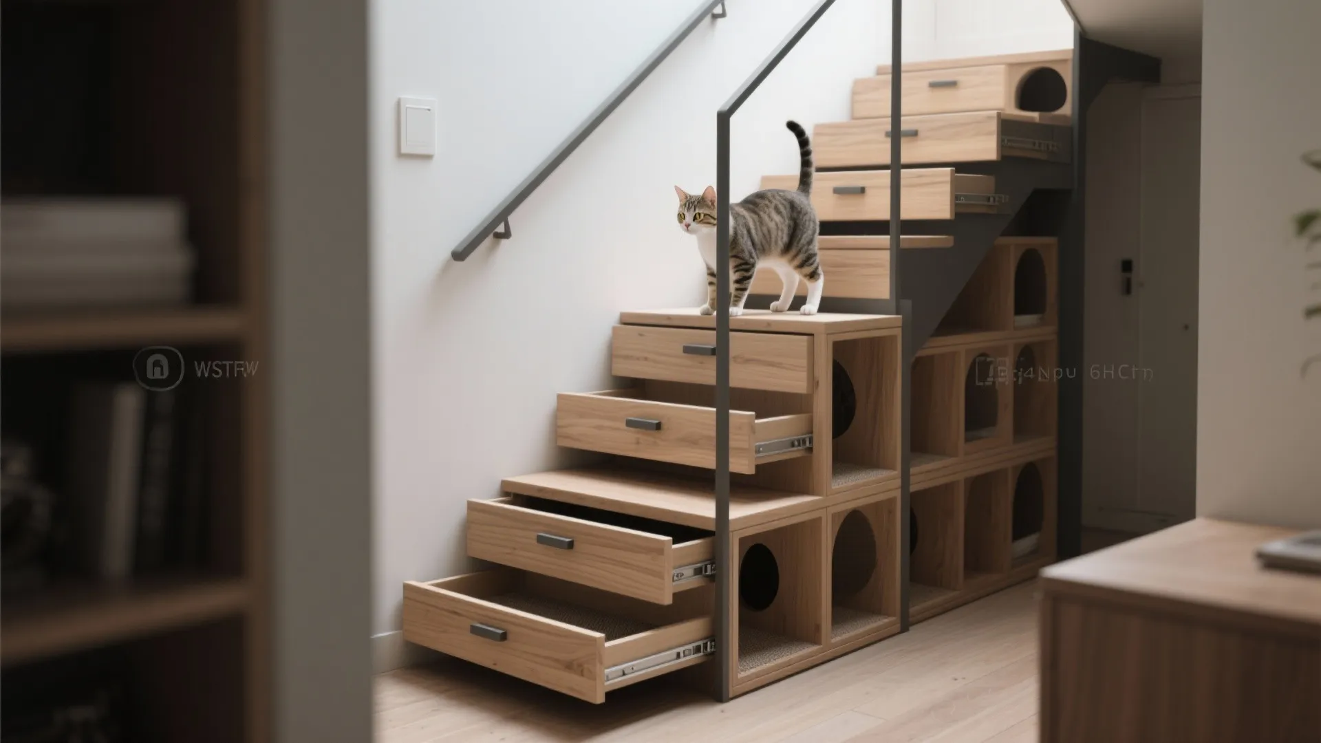 Cat standing on wooden stairs with integrated storage drawers and round holes for pet beds