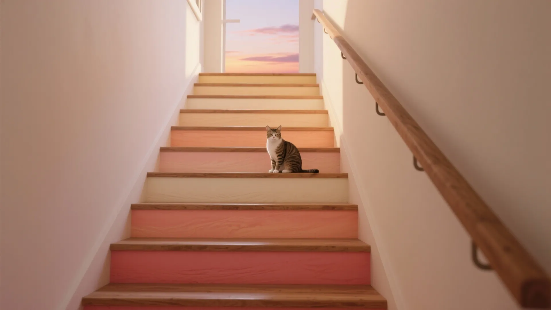 Tabby cat sitting on pink wooden stairs leading to an open doorway with orange sunset
