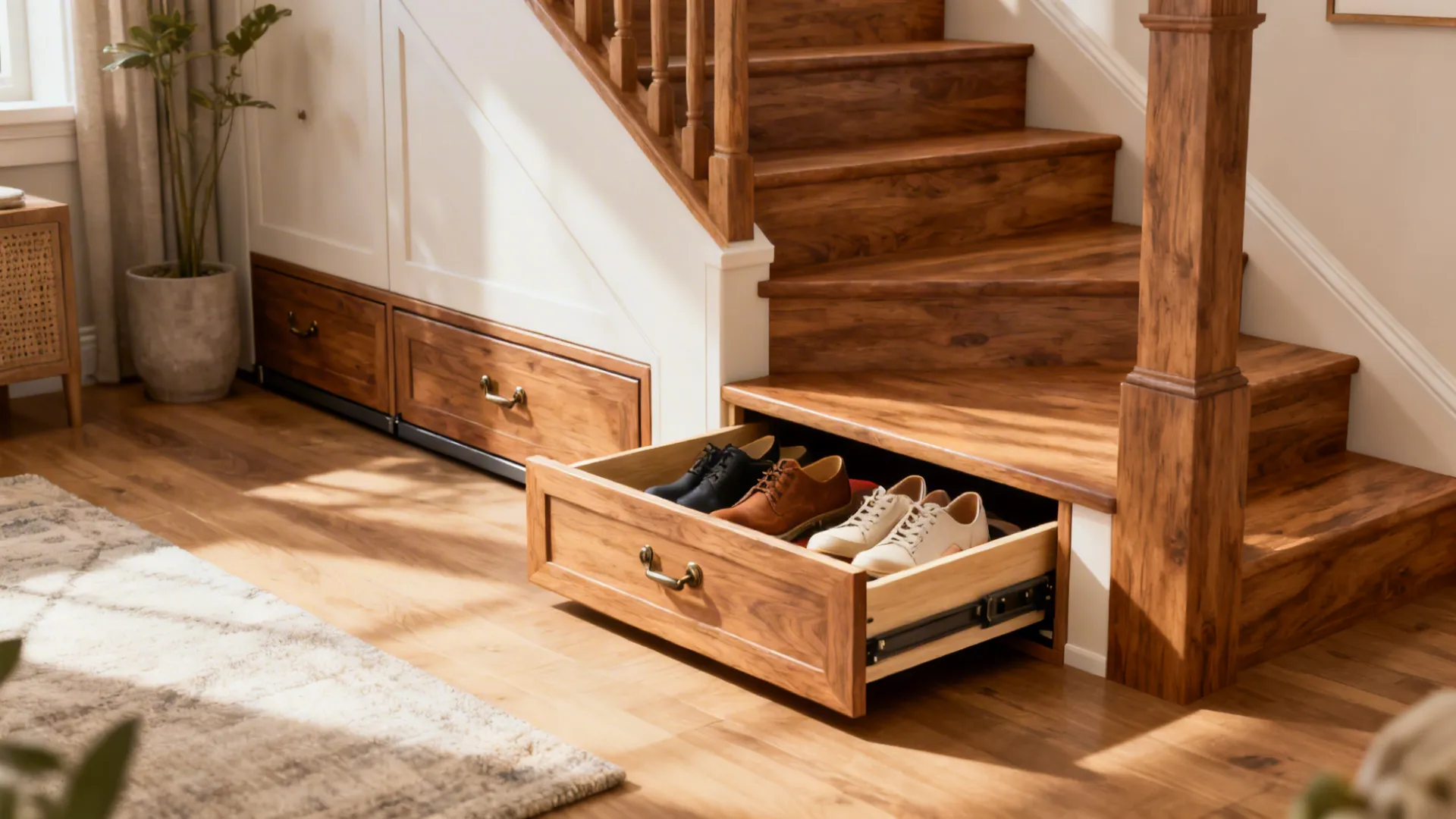 Under-stair pull-out drawers and shallow under-bed drawers storing shoes, one open to show contents.