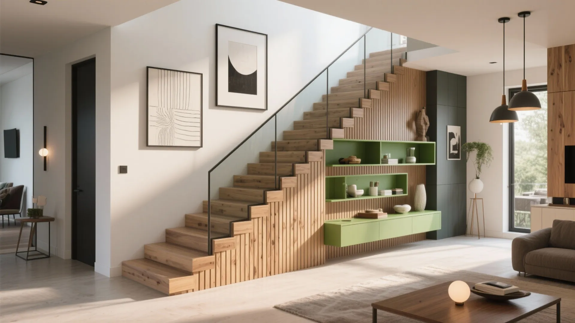 Modern wooden staircase featuring glass railing and green wall shelving with art on white walls