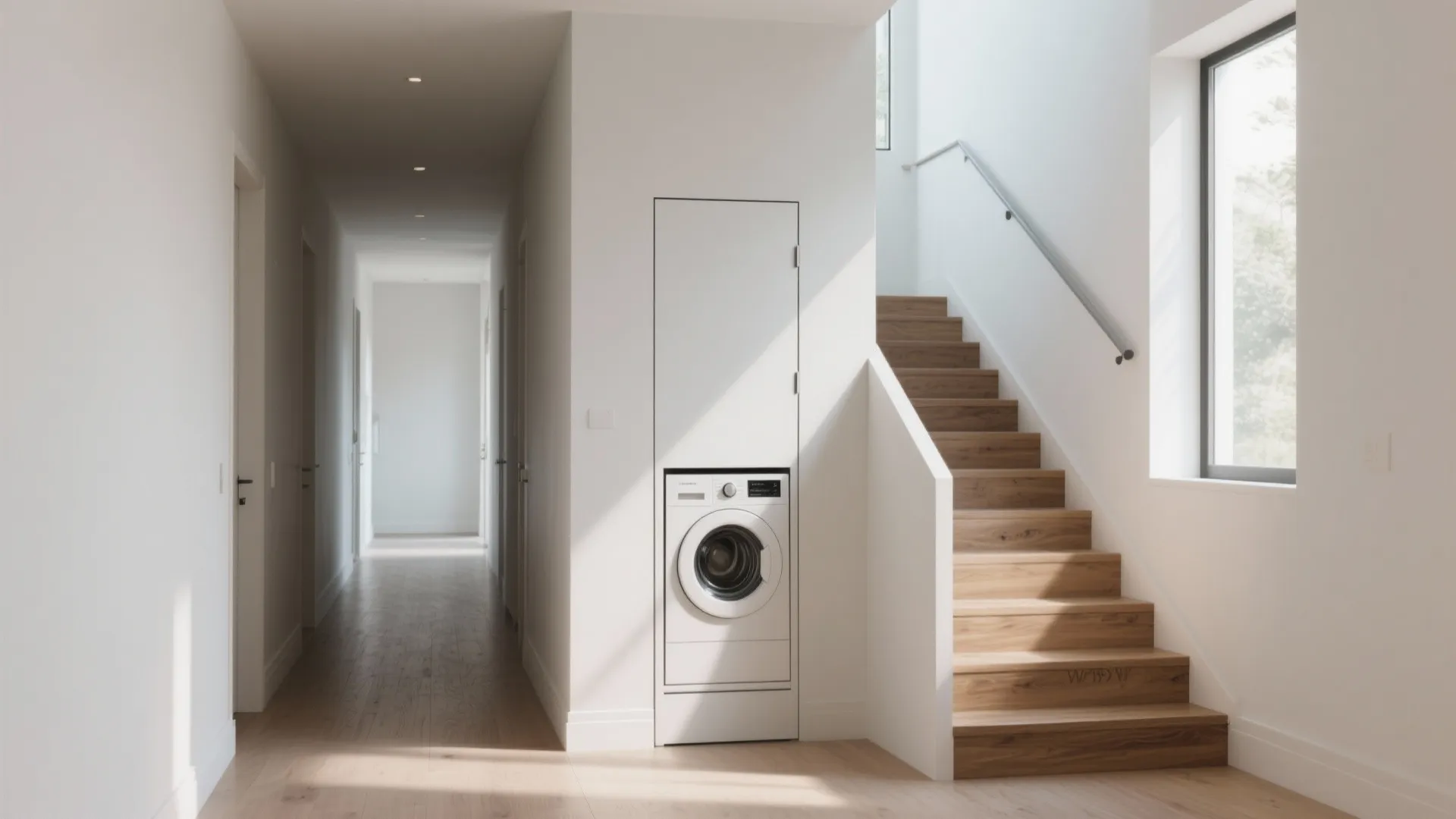 Vertical laundry chute built into a narrow staircase wall
